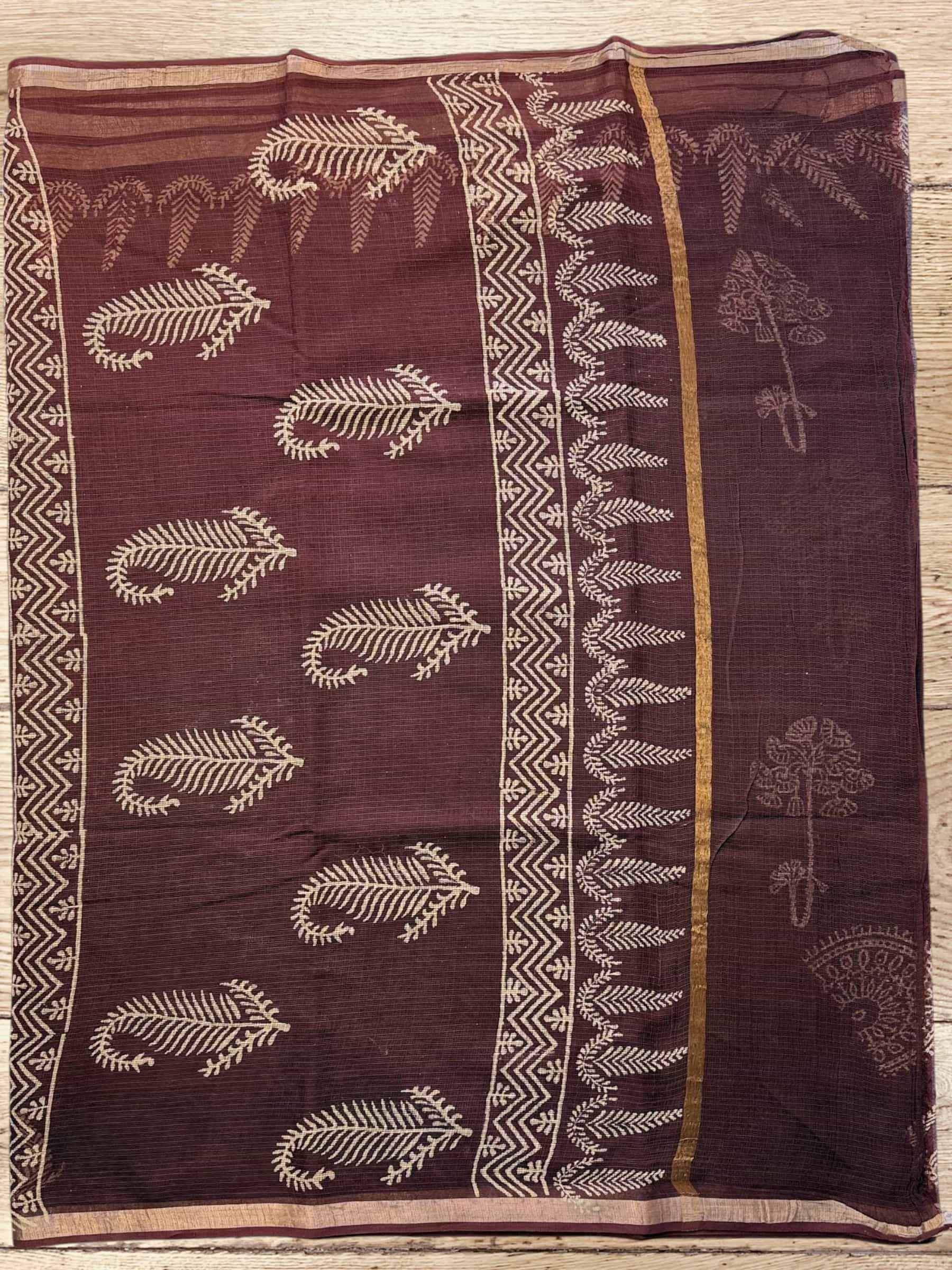 Kota Doria Bagru Block Print Saree in Maroon