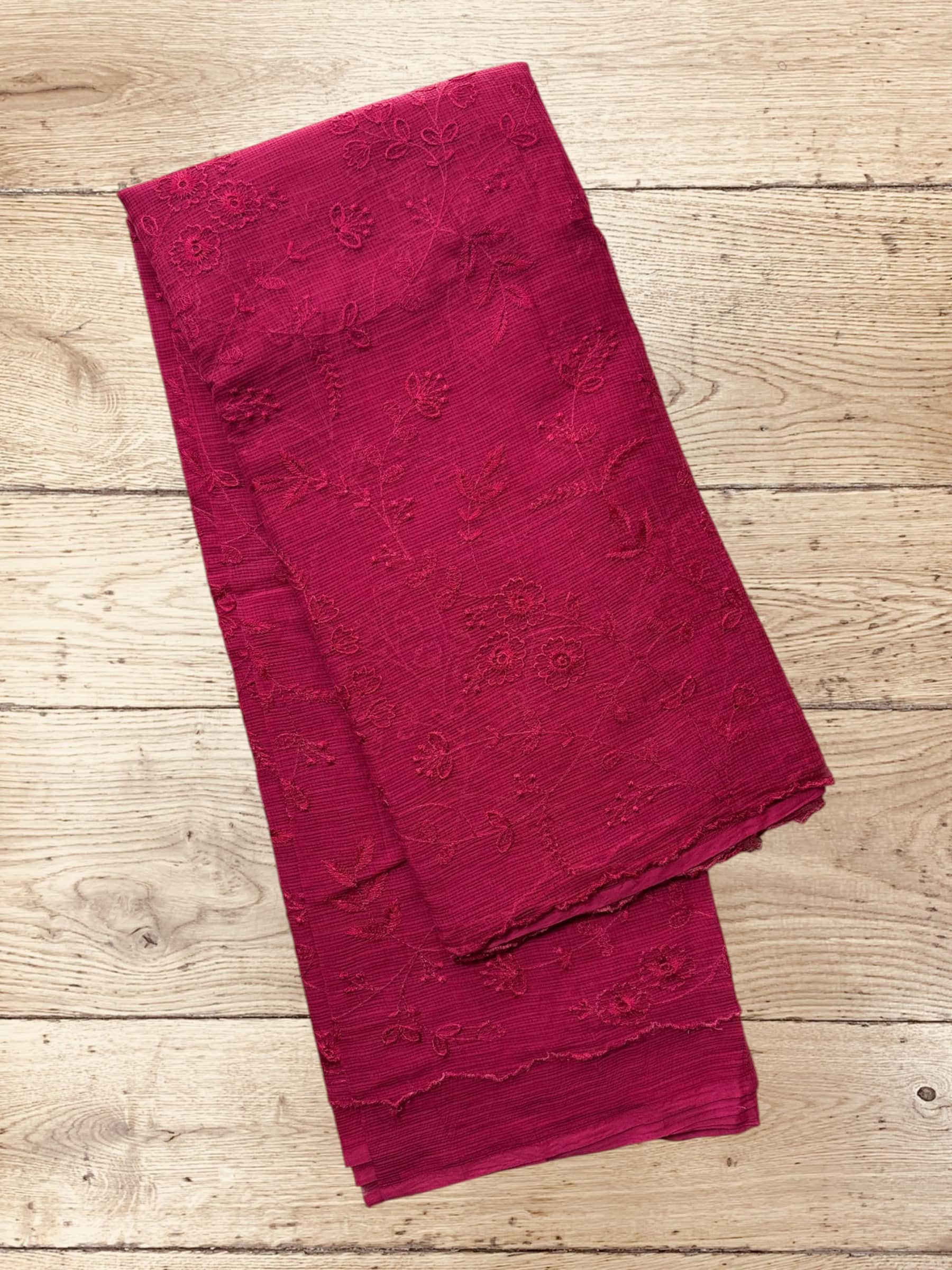 Kota Doria Embroidered Saree in Magenta Pink