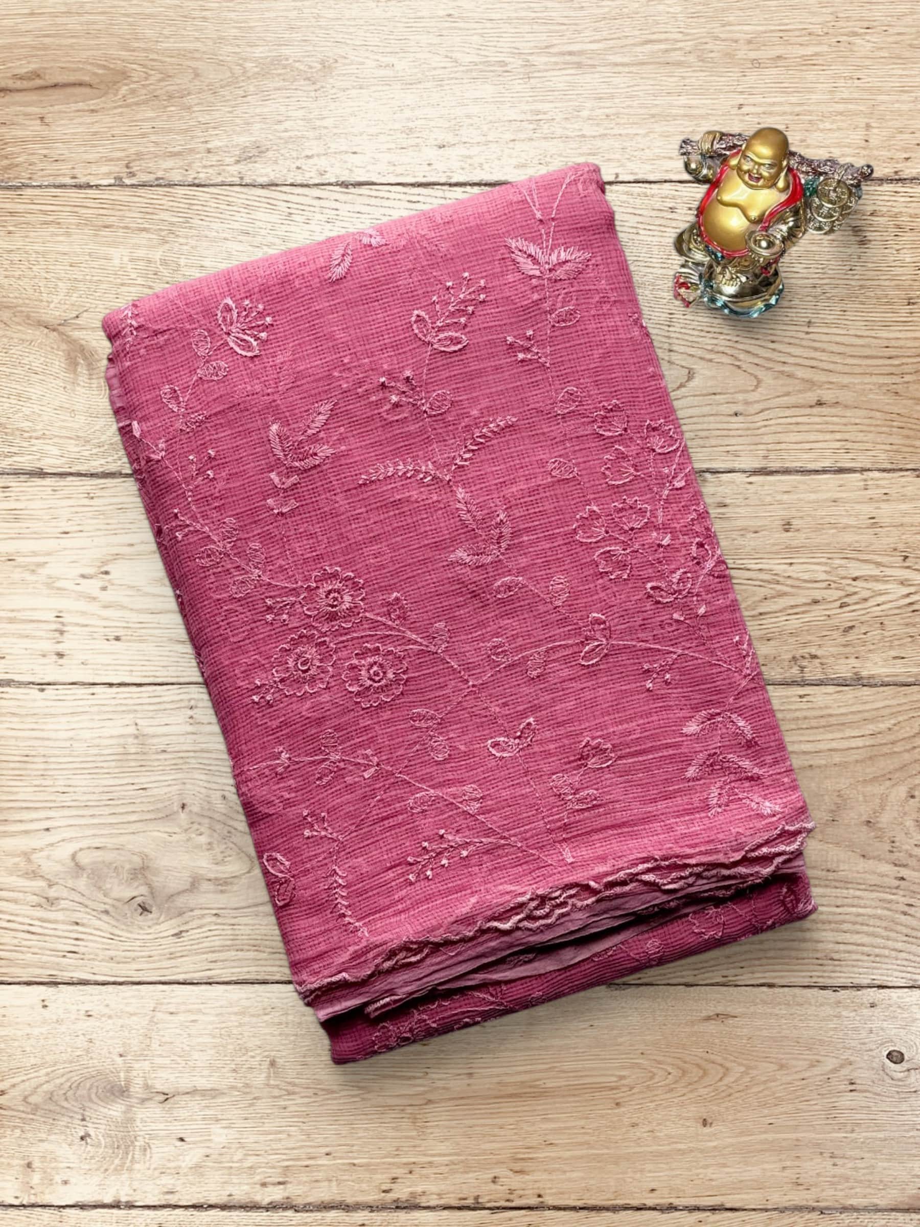 Kota Doria Embroidered Saree in Pink