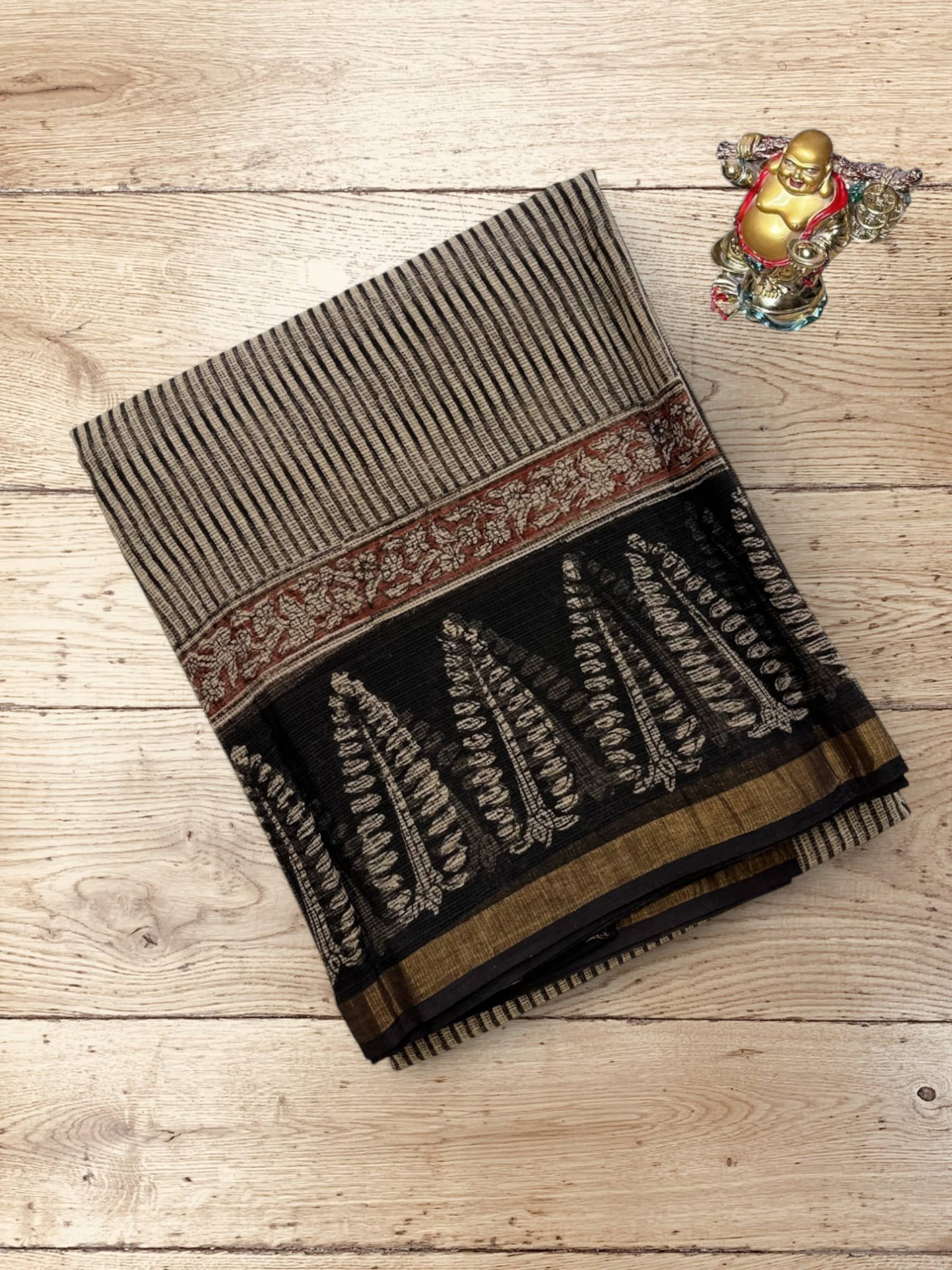 Kota Doria Bagru Block Print Saree in Grey