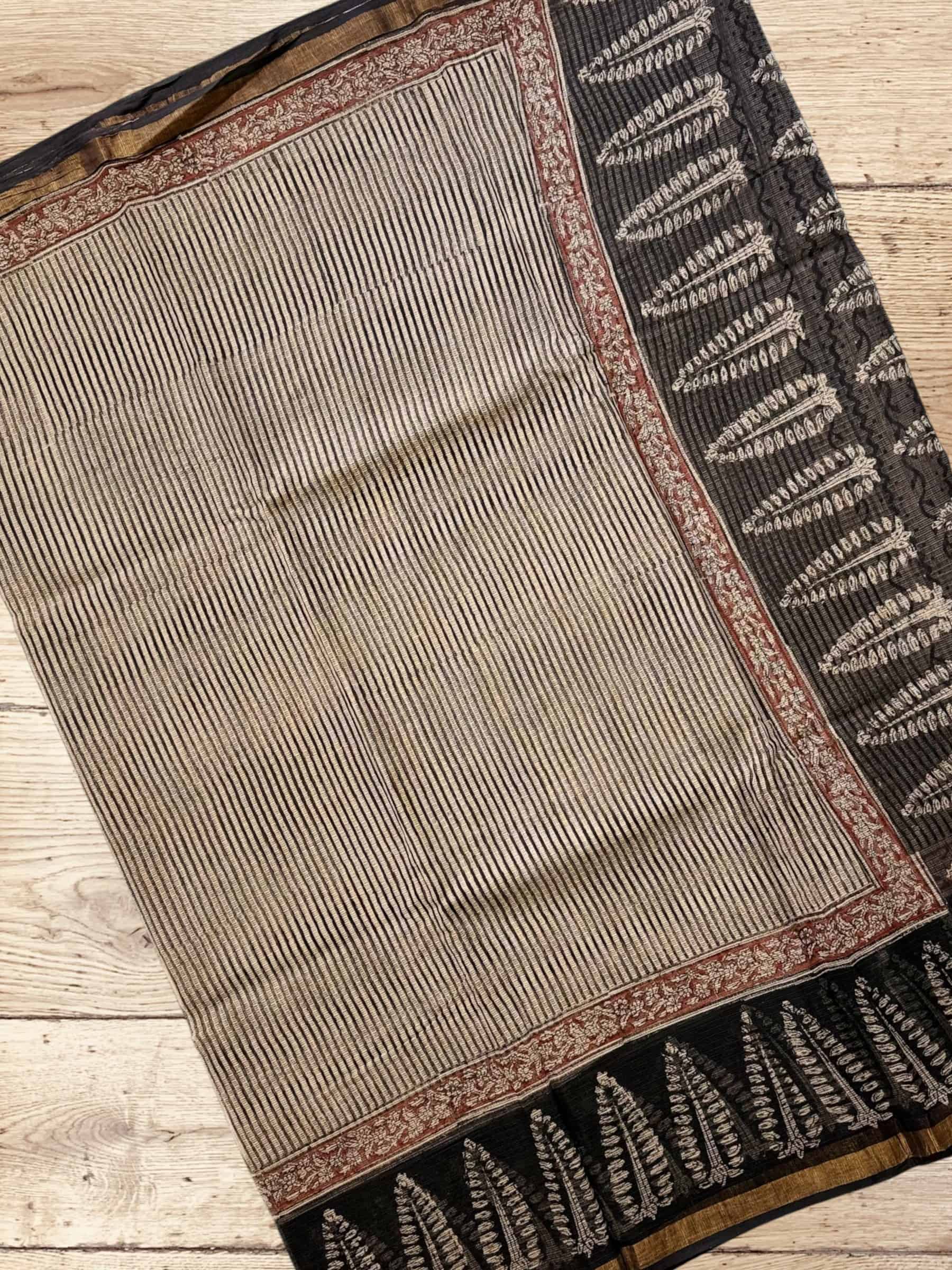Kota Doria Bagru Block Print Saree in Grey