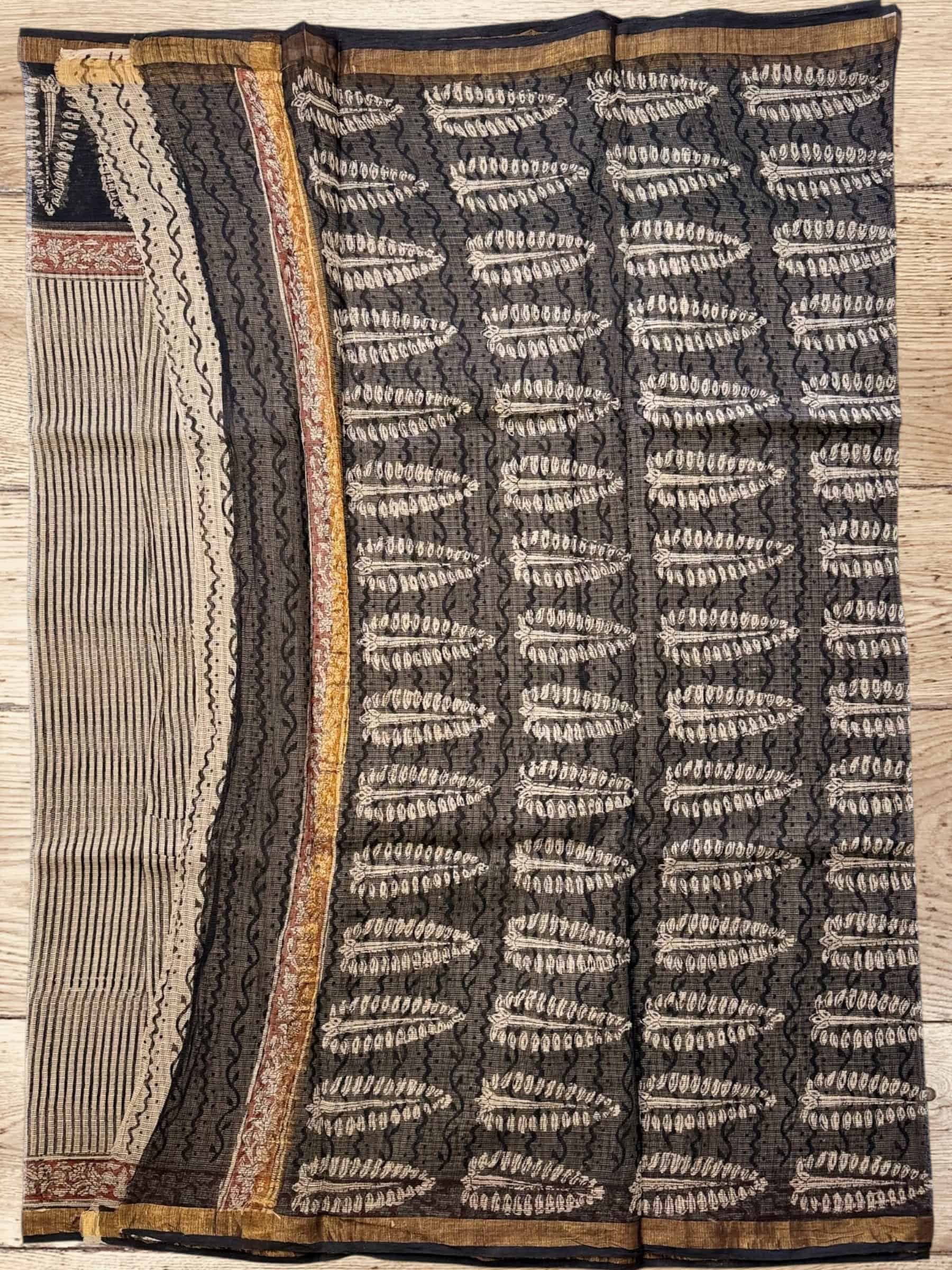 Kota Doria Bagru Block Print Saree in Grey