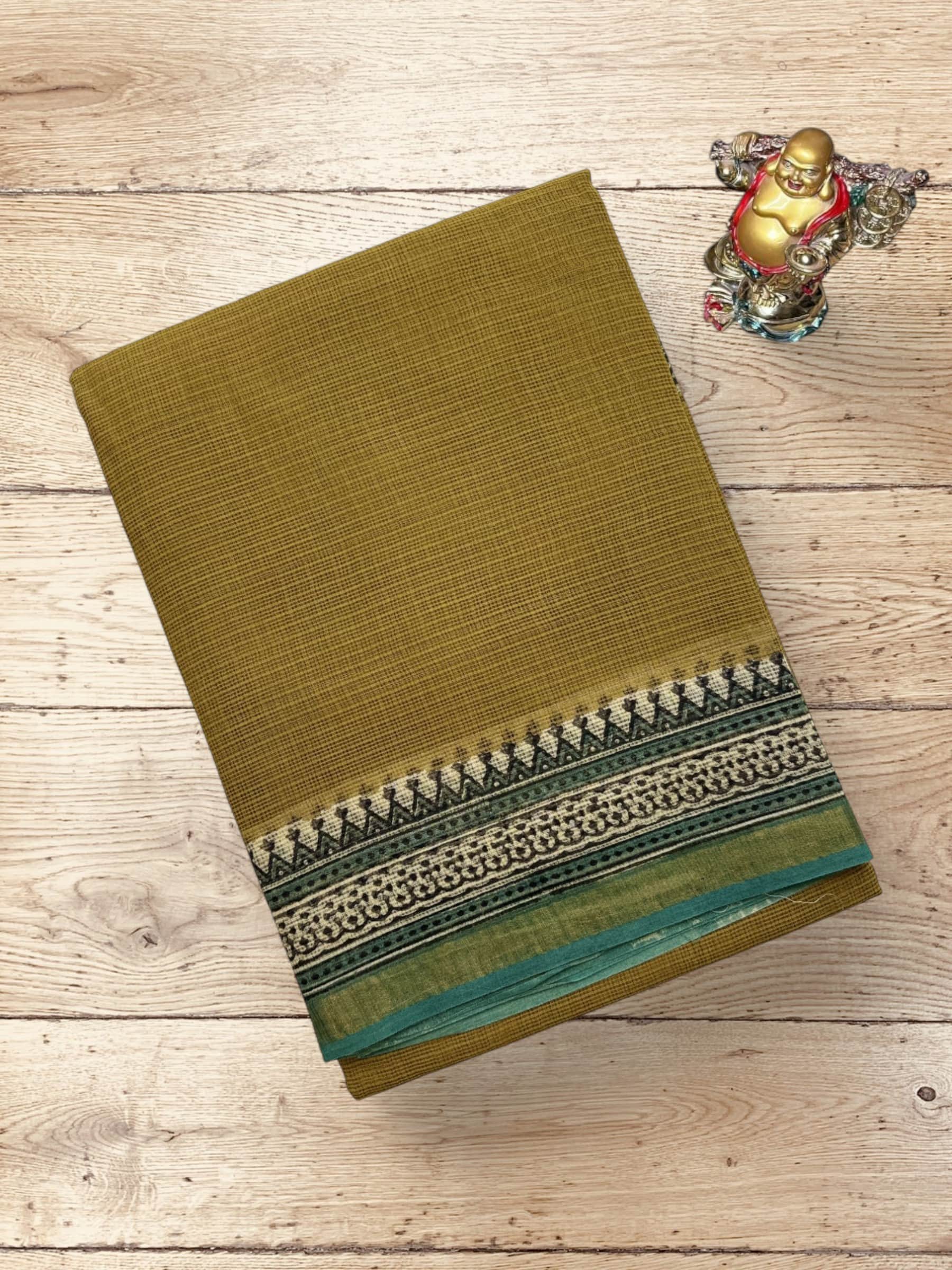 Kota Doria Bagru Block Print Saree in Olive Green