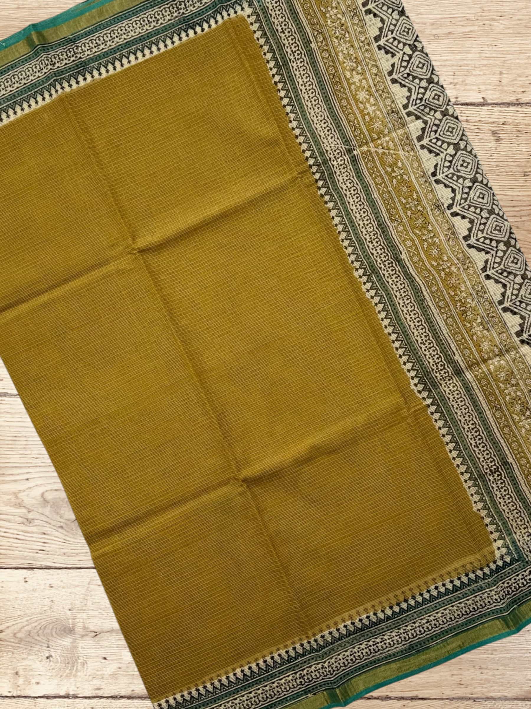 Kota Doria Bagru Block Print Saree in Olive Green