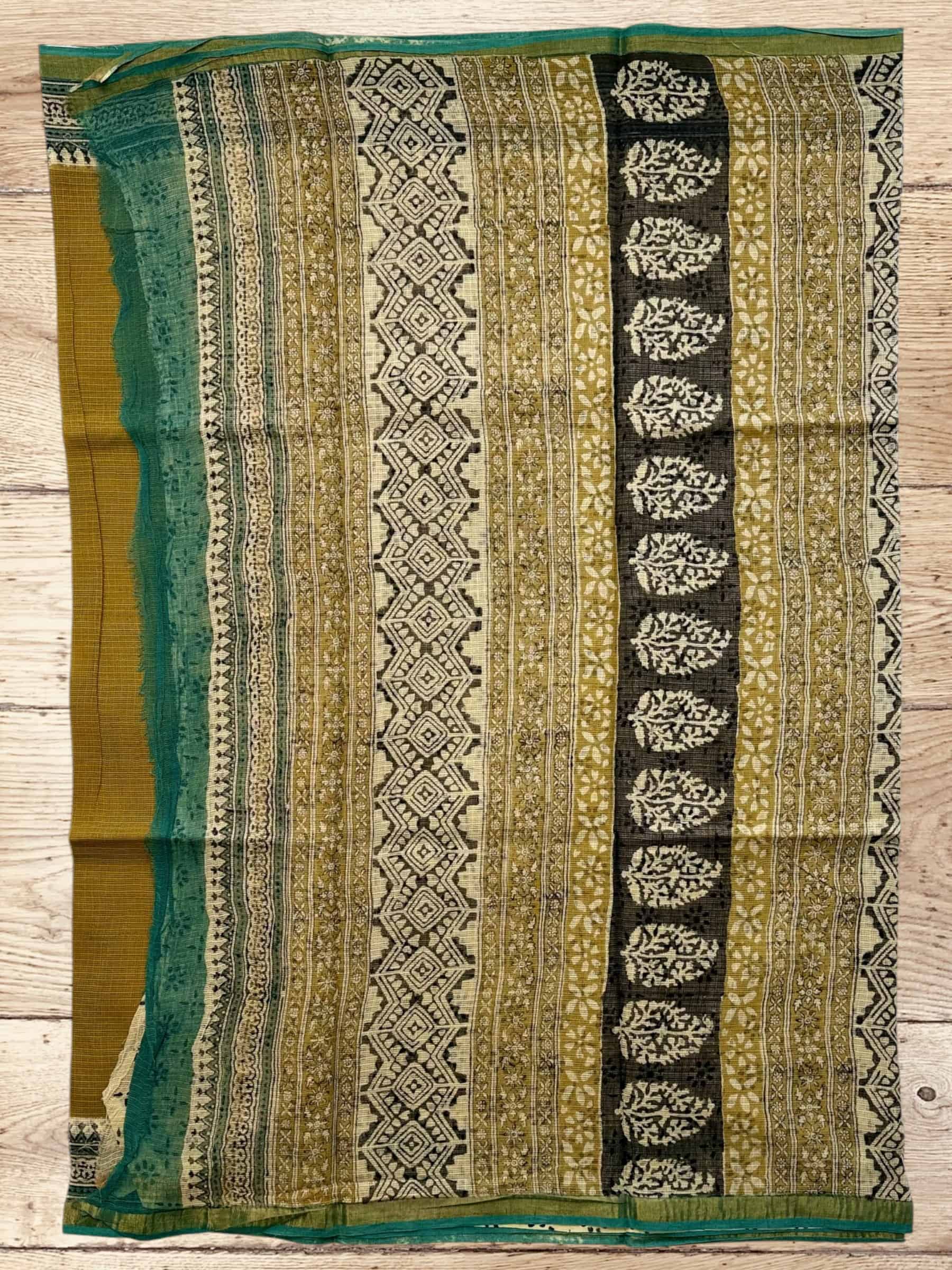 Kota Doria Bagru Block Print Saree in Olive Green