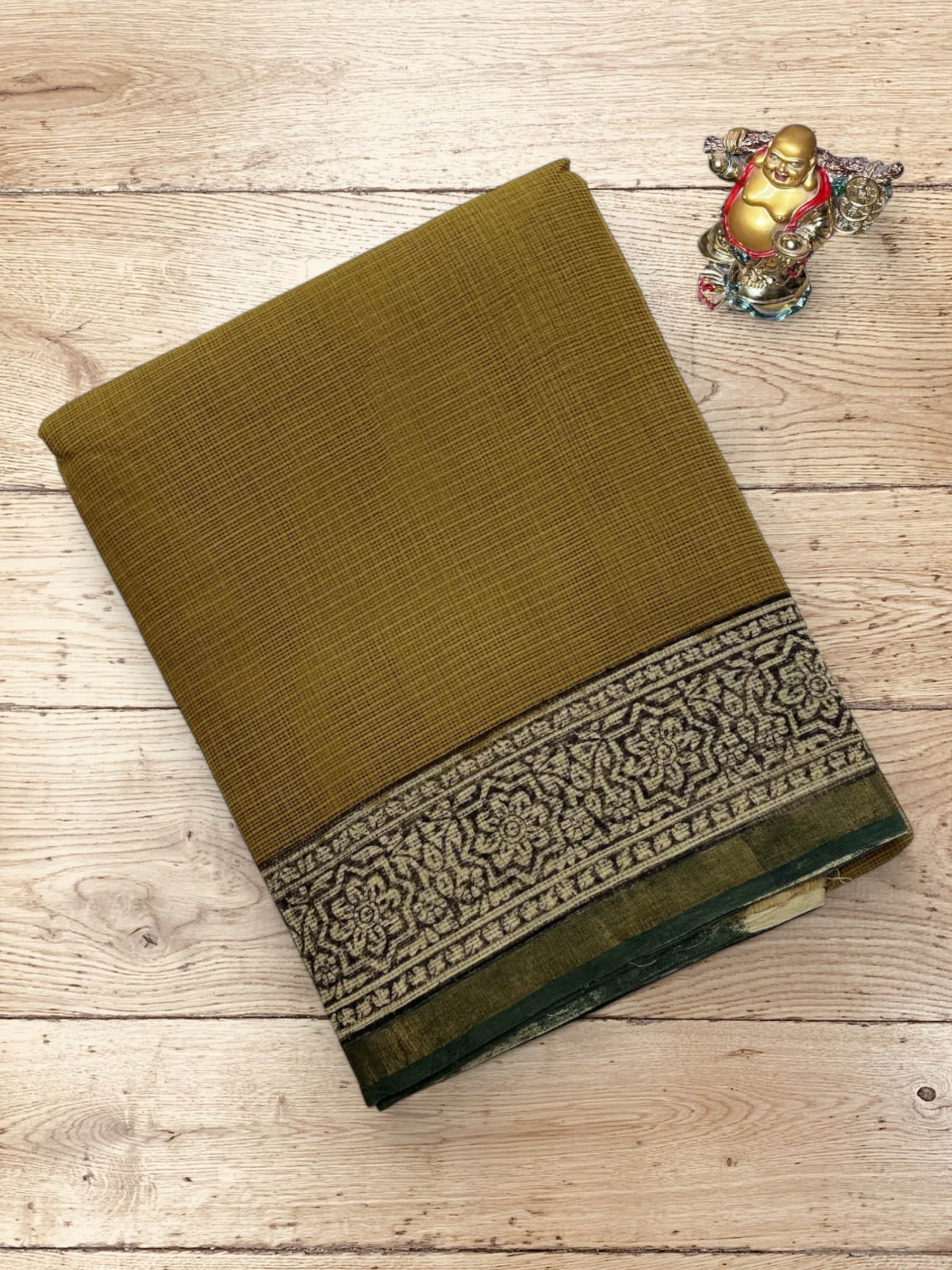 Kota Doria Bagru Block Print Saree in Olive Green