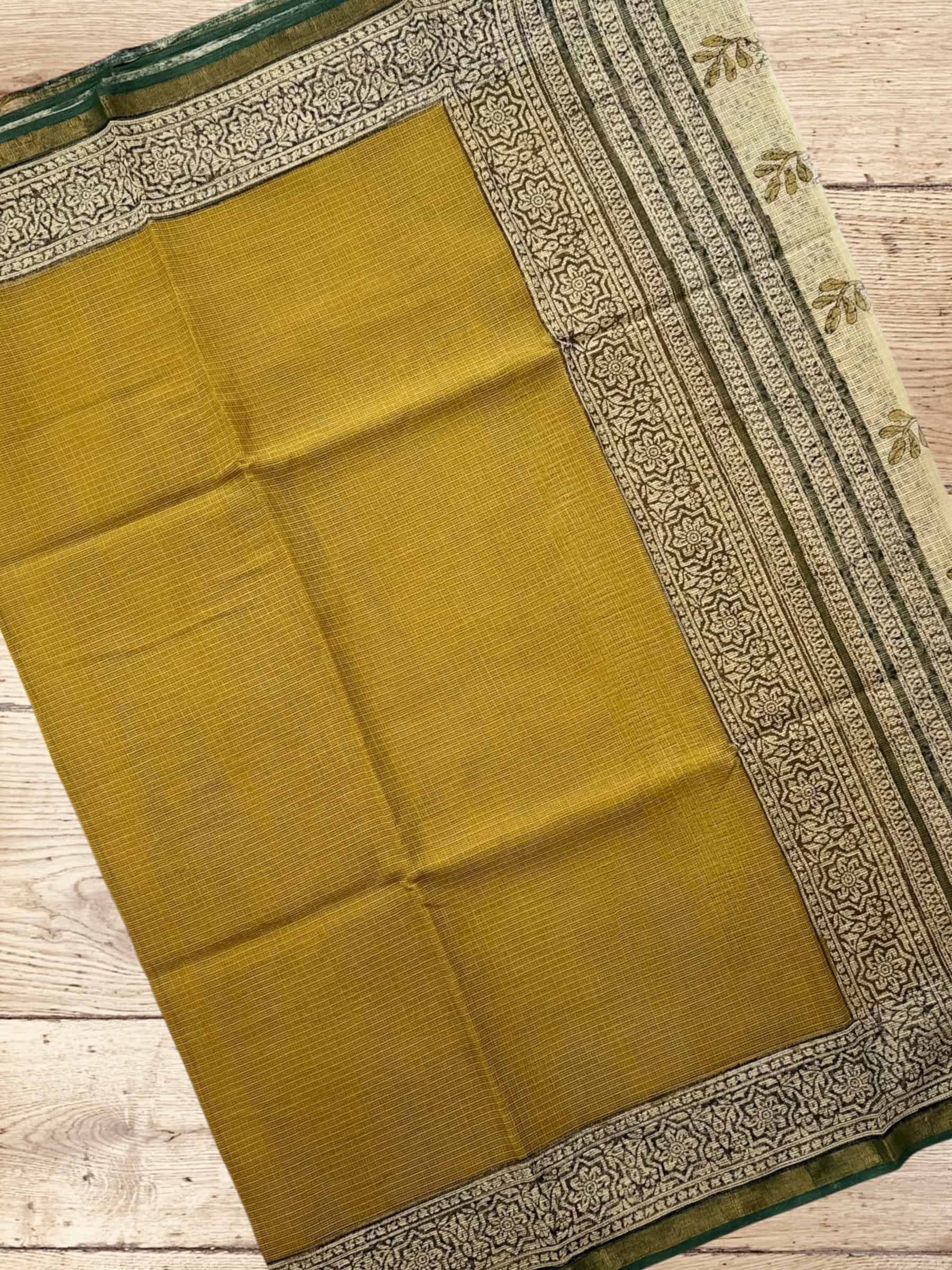 Kota Doria Bagru Block Print Saree in Olive Green