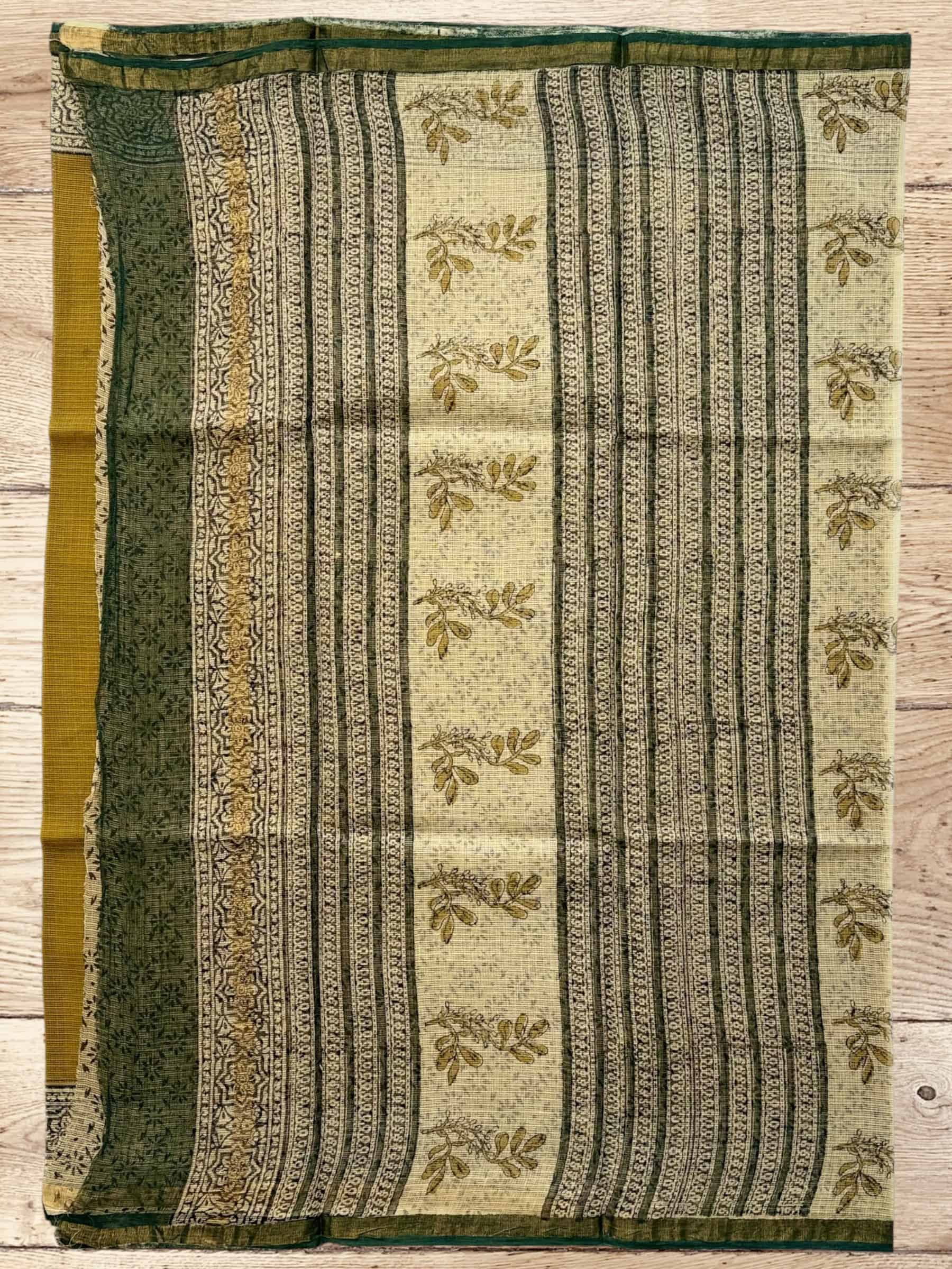 Kota Doria Bagru Block Print Saree in Olive Green