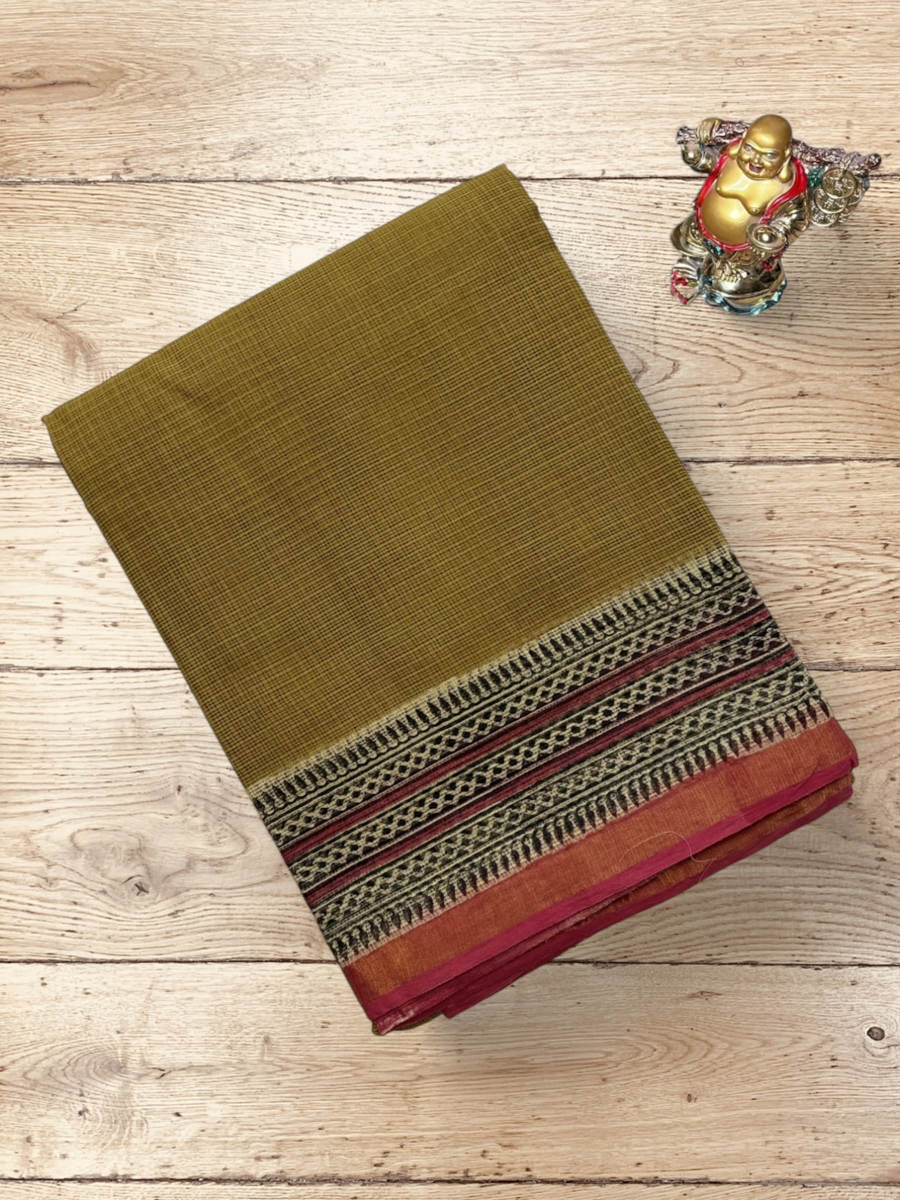 Kota Doria Bagru Block Print Saree in Olive Green