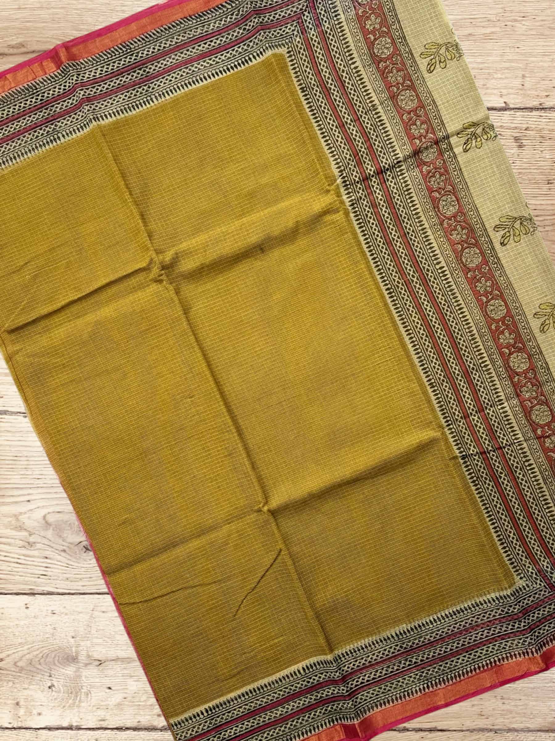 Kota Doria Bagru Block Print Saree in Olive Green
