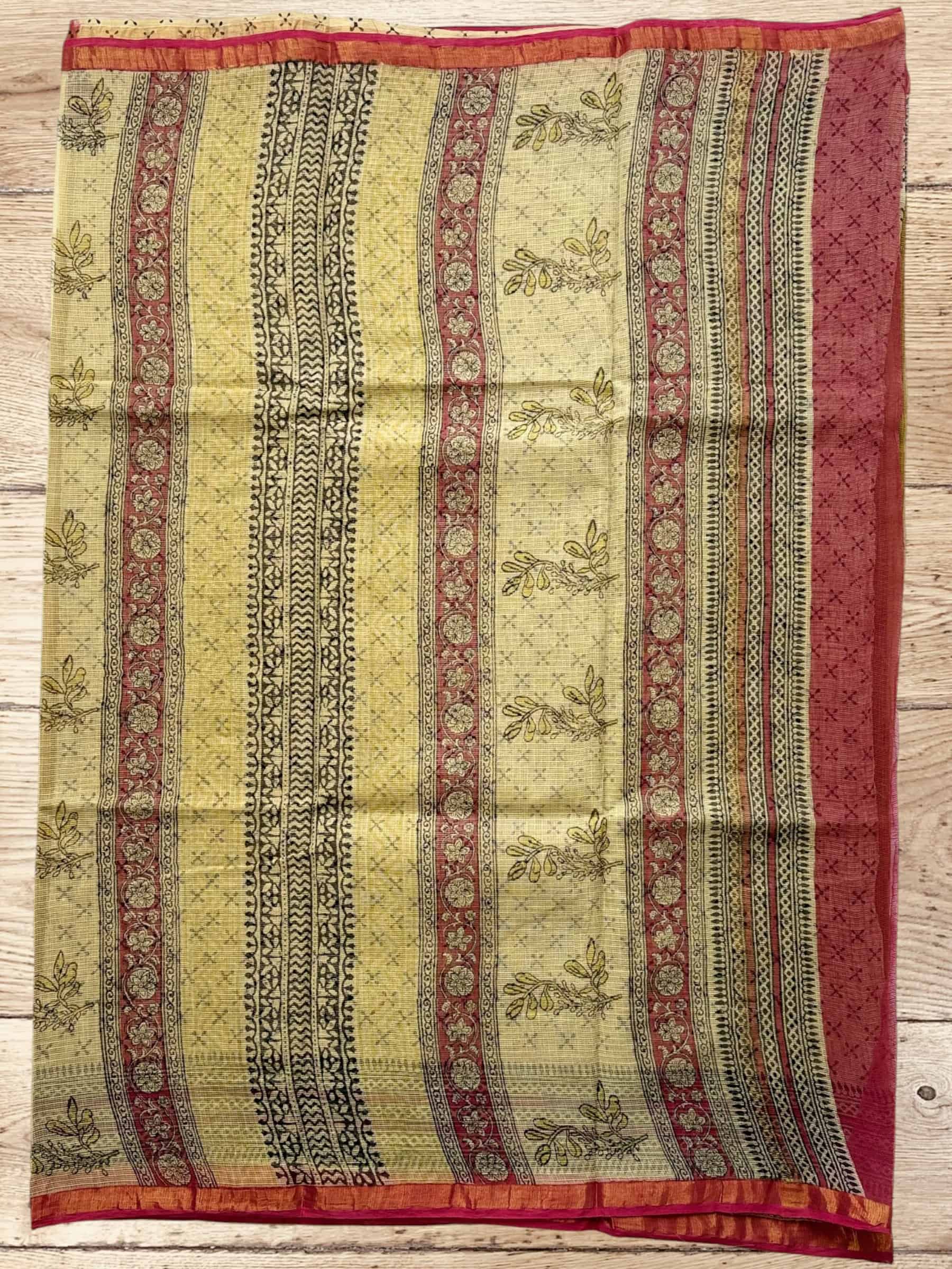 Kota Doria Bagru Block Print Saree in Olive Green