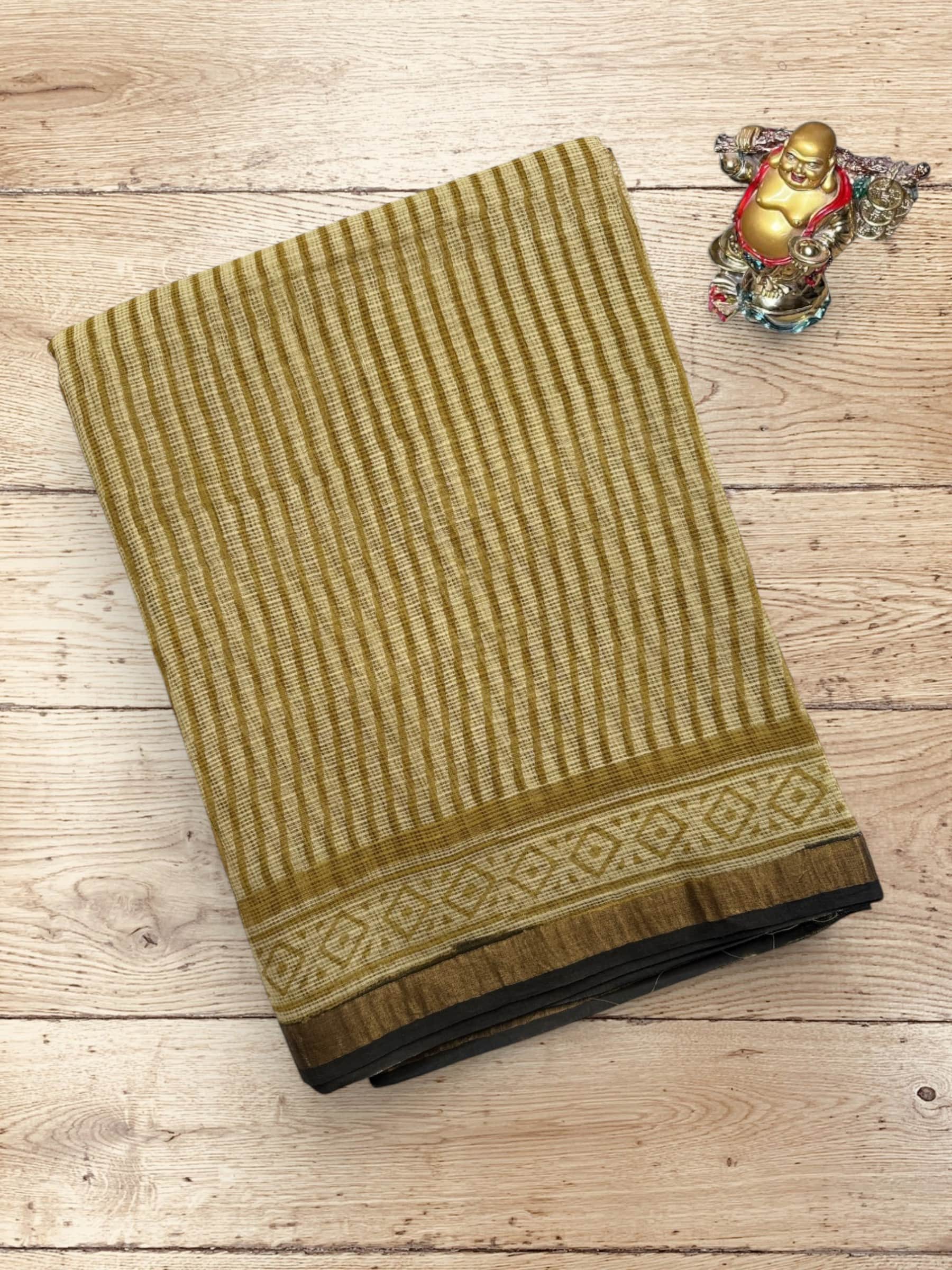 Kota Doria Bagru Block Print Saree in Olive Green