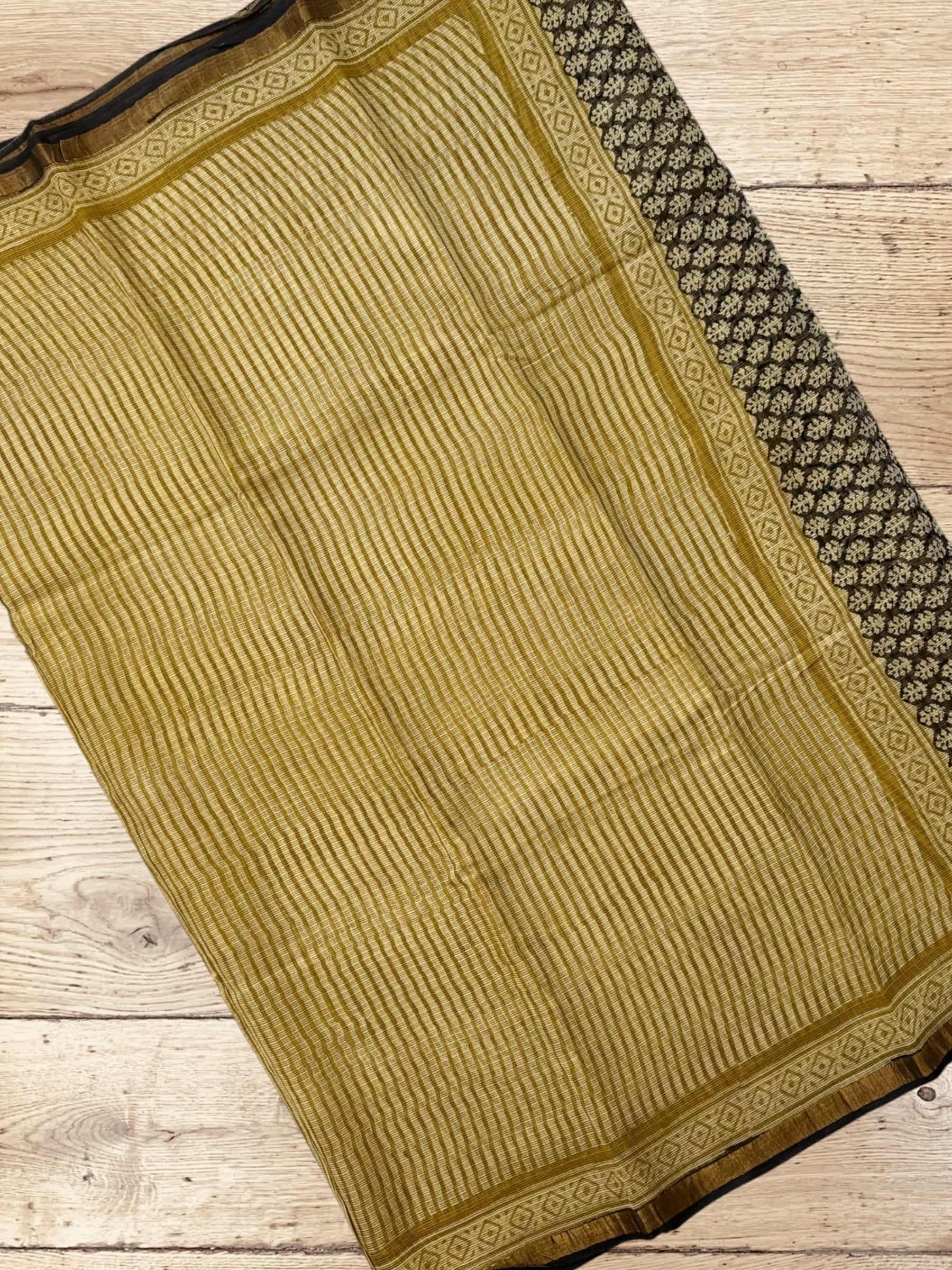 Kota Doria Bagru Block Print Saree in Olive Green