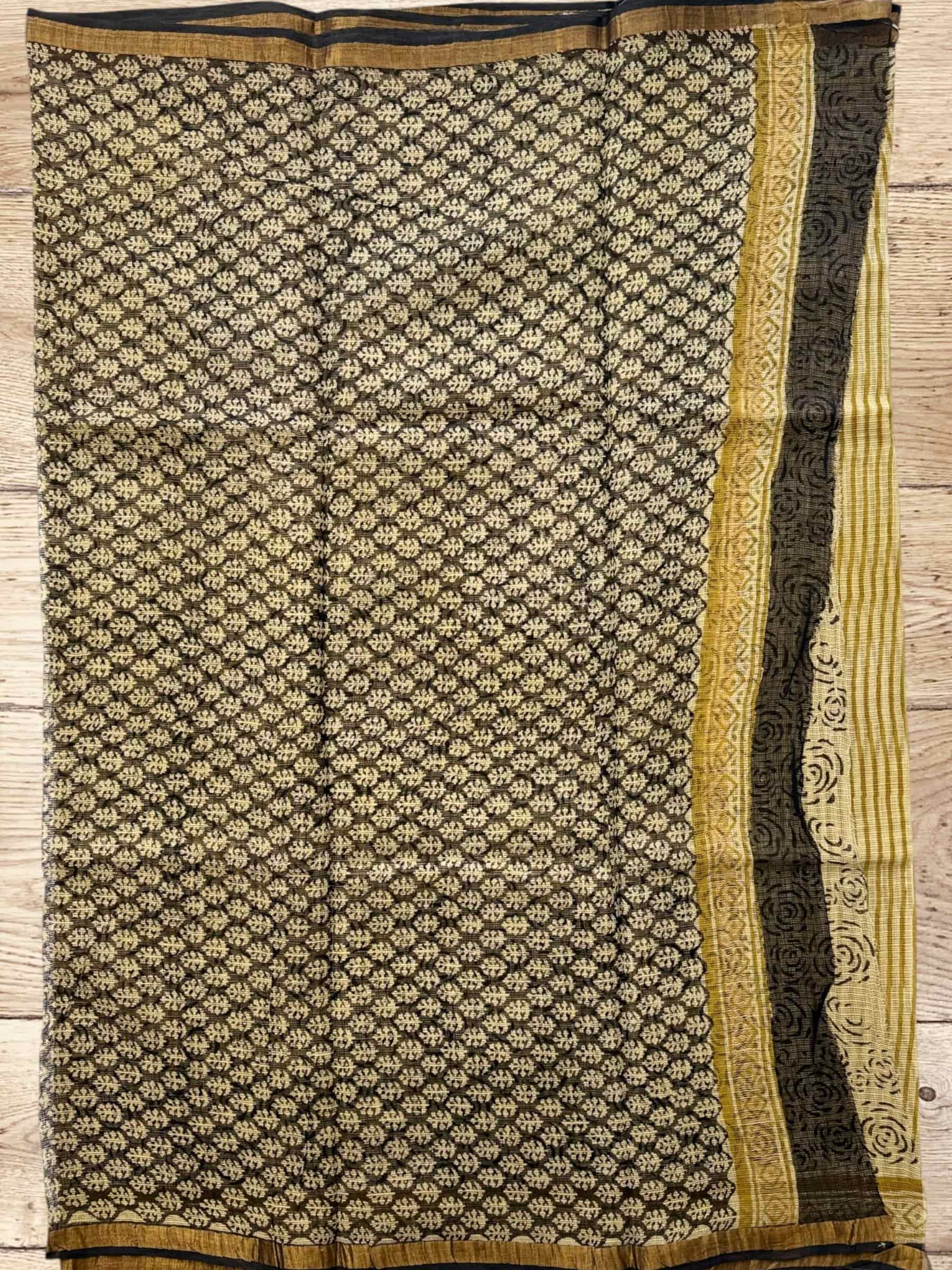 Kota Doria Bagru Block Print Saree in Olive Green