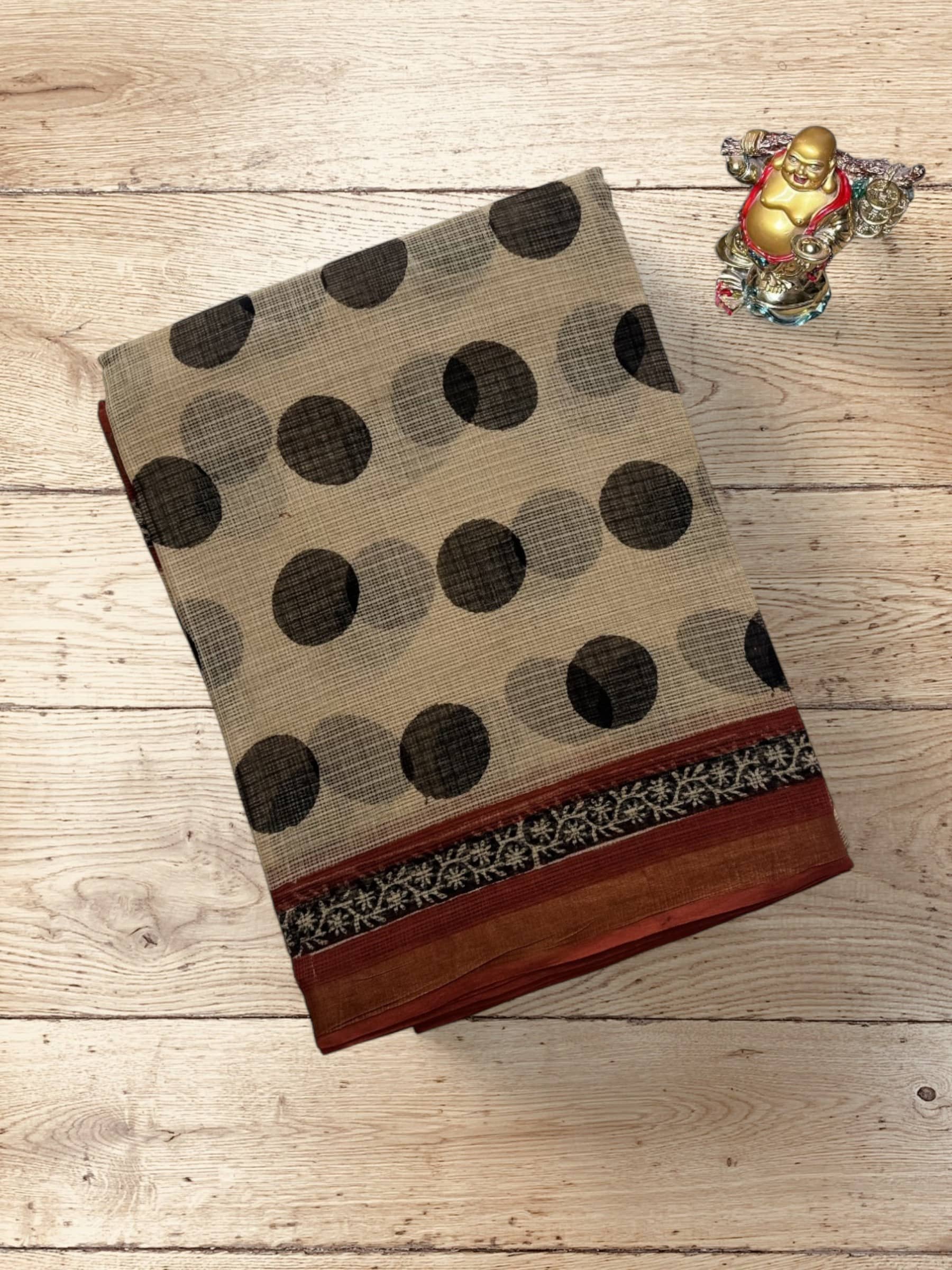 Kota Doria Bagru Block Print Saree in Cream with Polka Dots