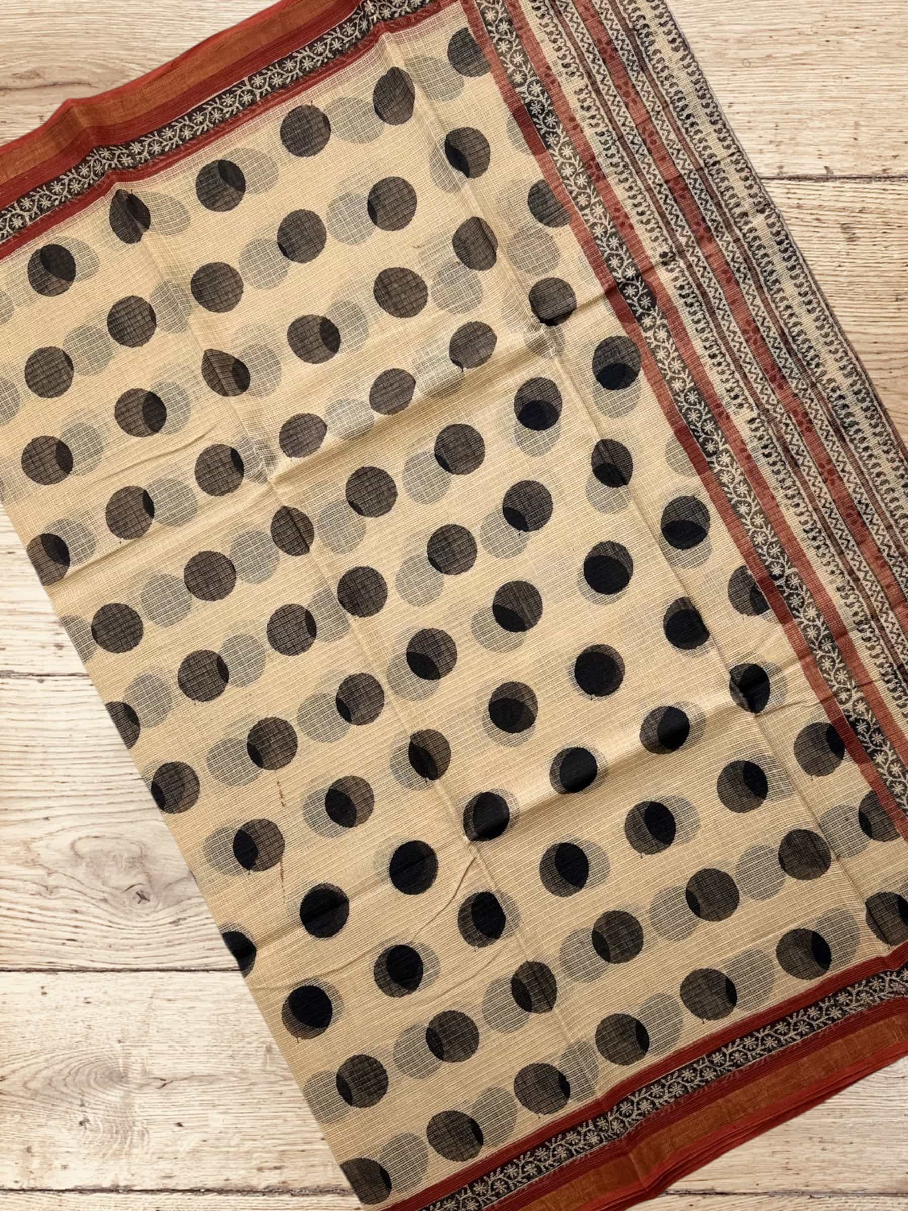 Kota Doria Bagru Block Print Saree in Cream with Polka Dots