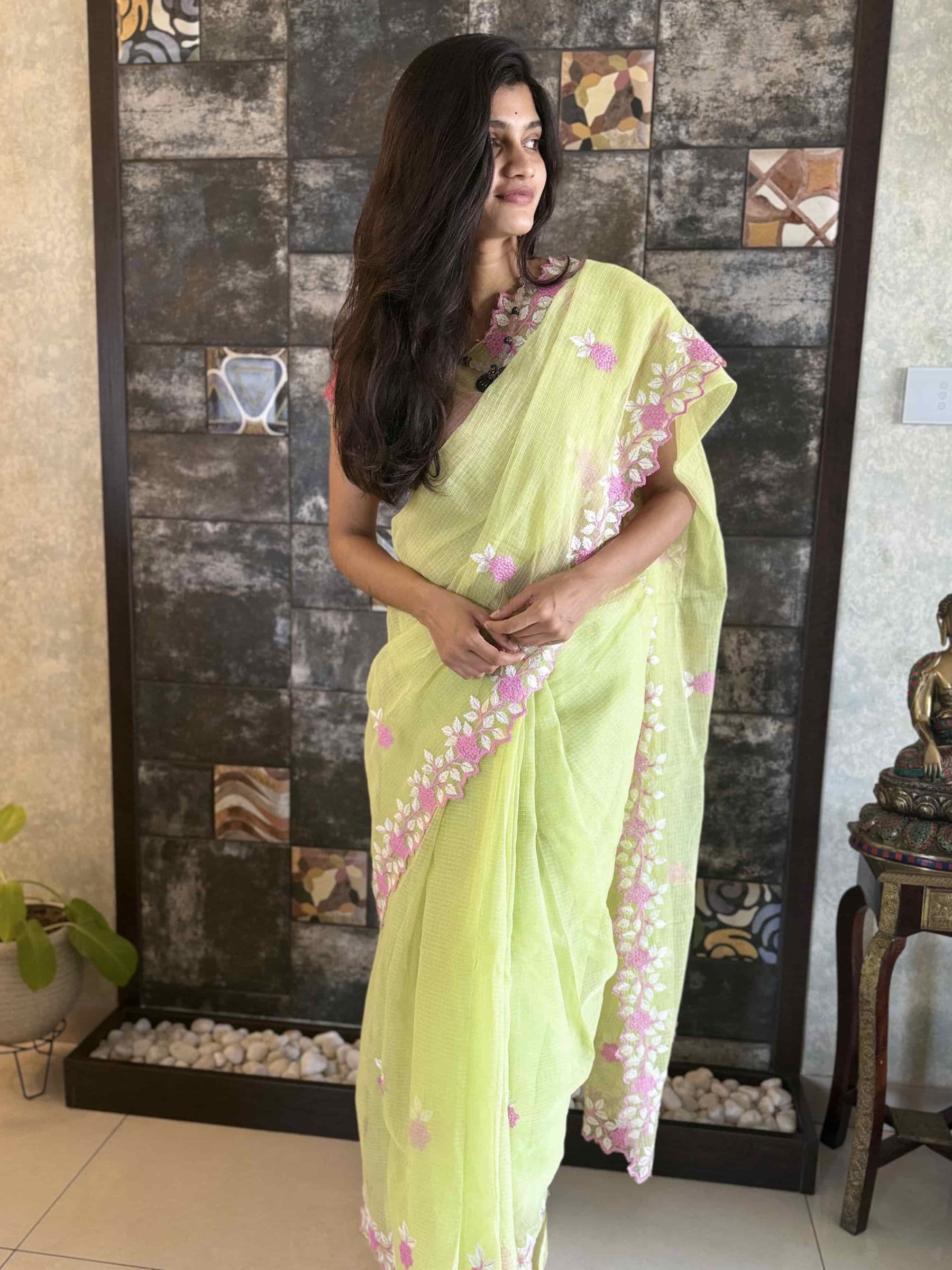 Kota Doria Embroidered Saree in Apple Green
