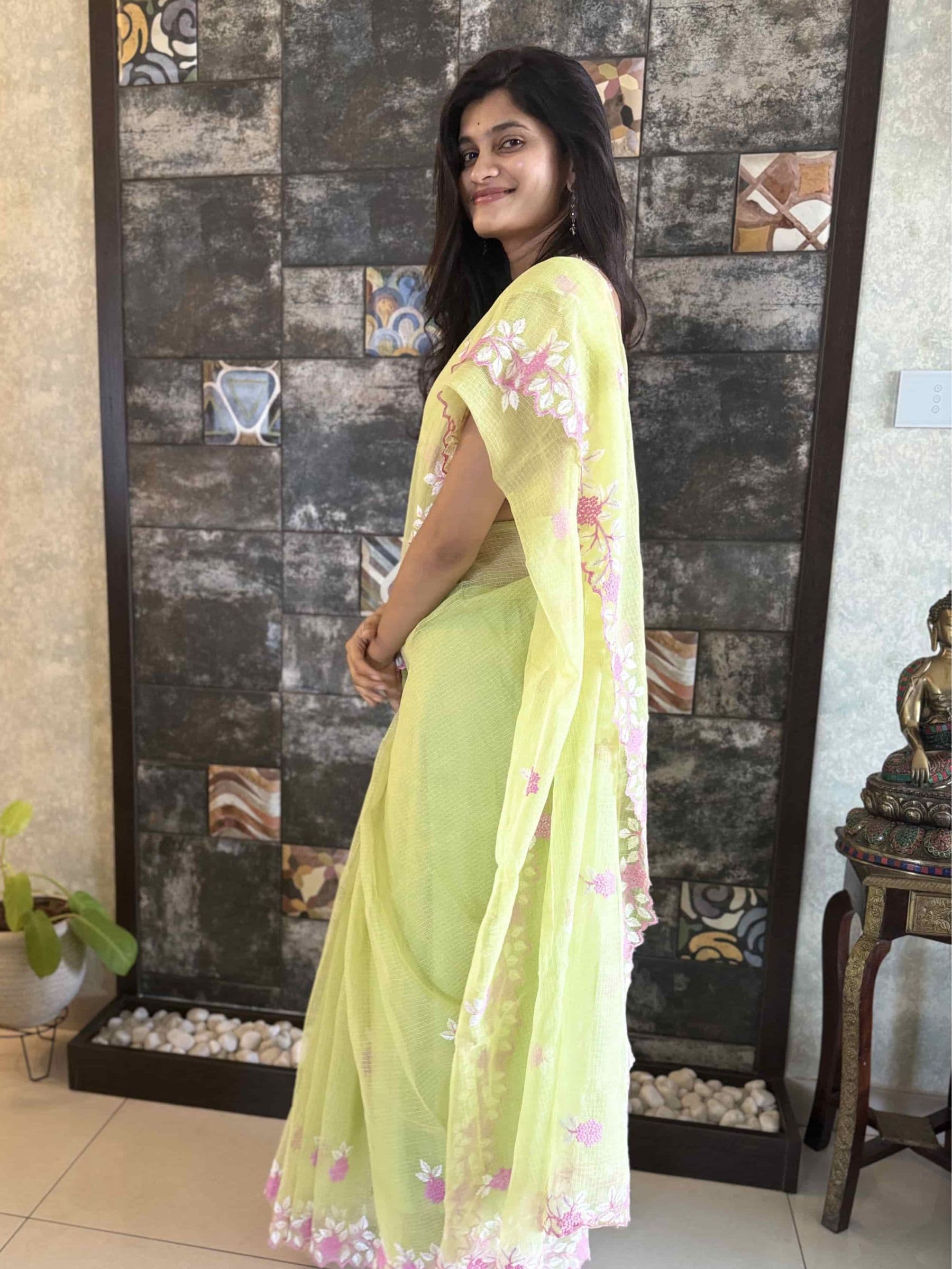 Apple Green Embroidered Kota Doria Saree