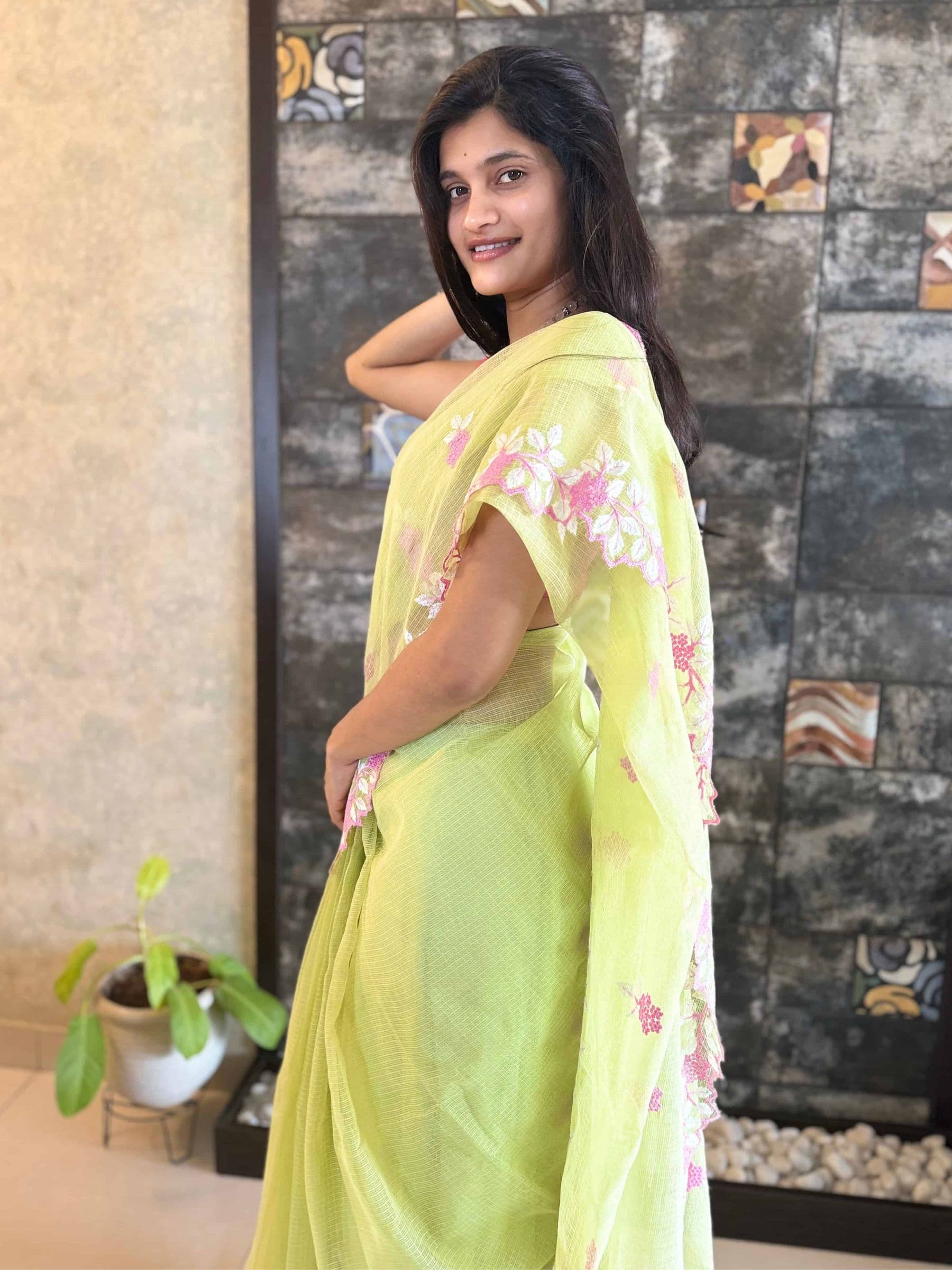 Apple Green Embroidered Kota Doria Saree