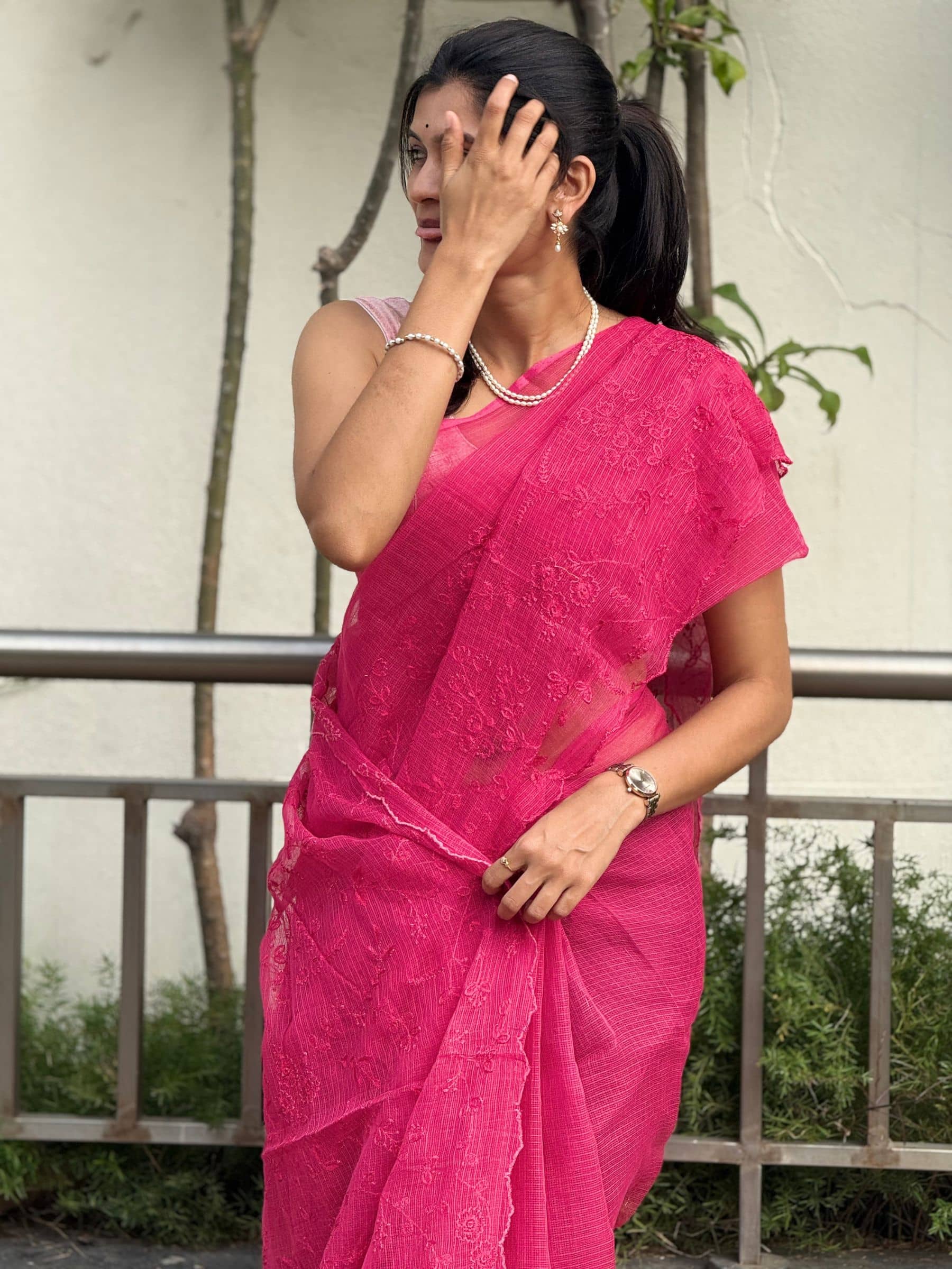 Kota Doria Embroidered Saree in Magenta Pink