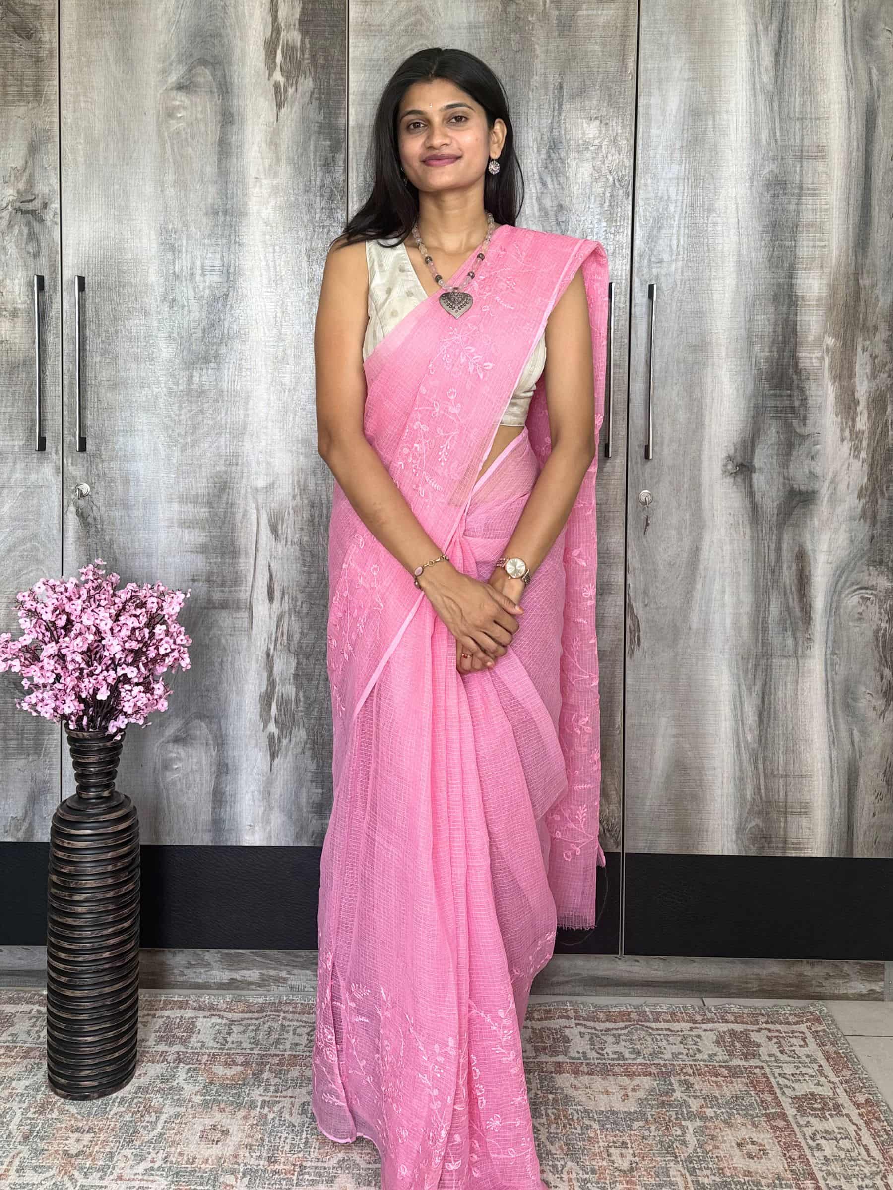 Kota Doria Embroidered Saree in Pink