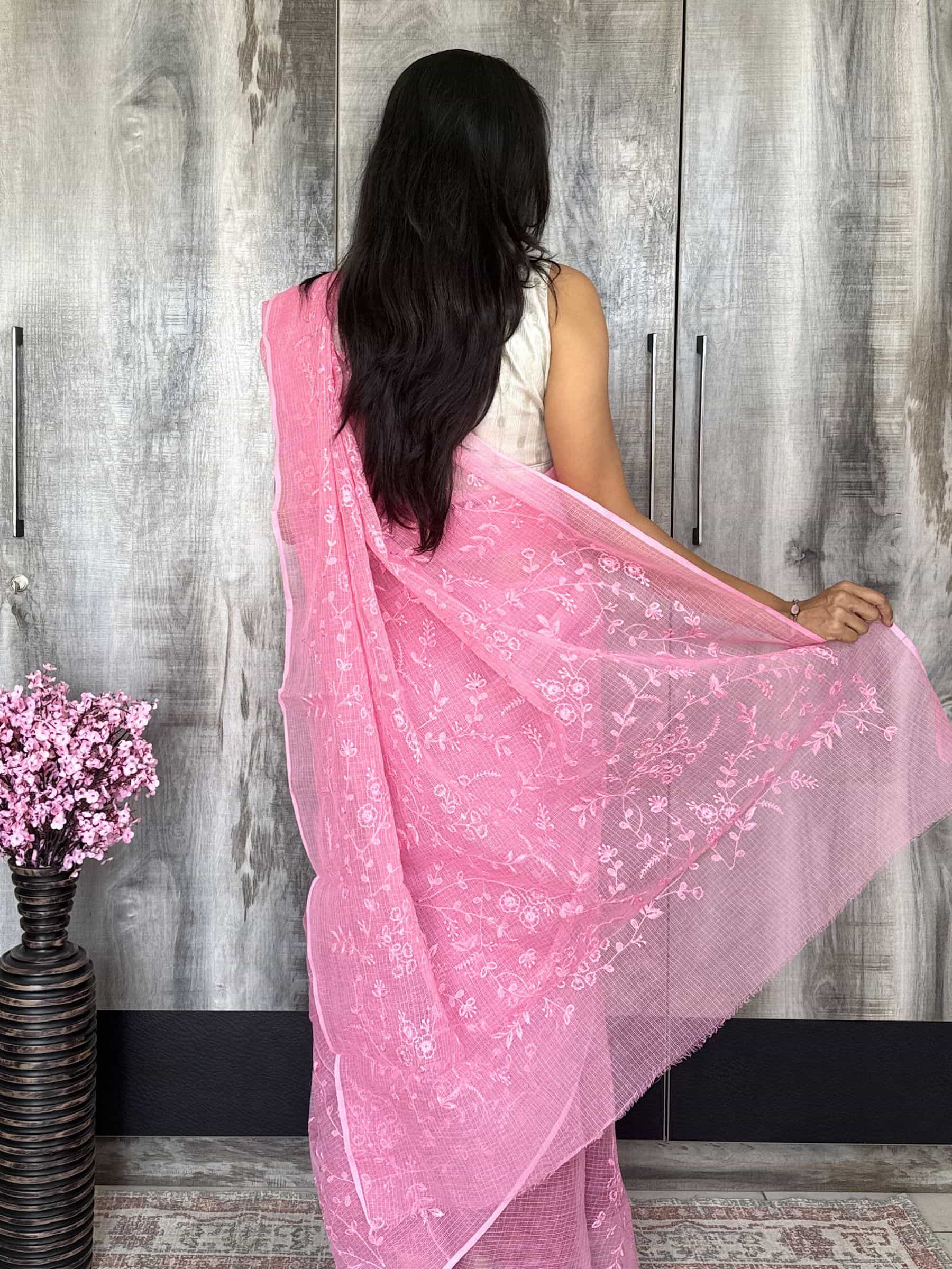 Kota Doria Embroidered Saree in Pink