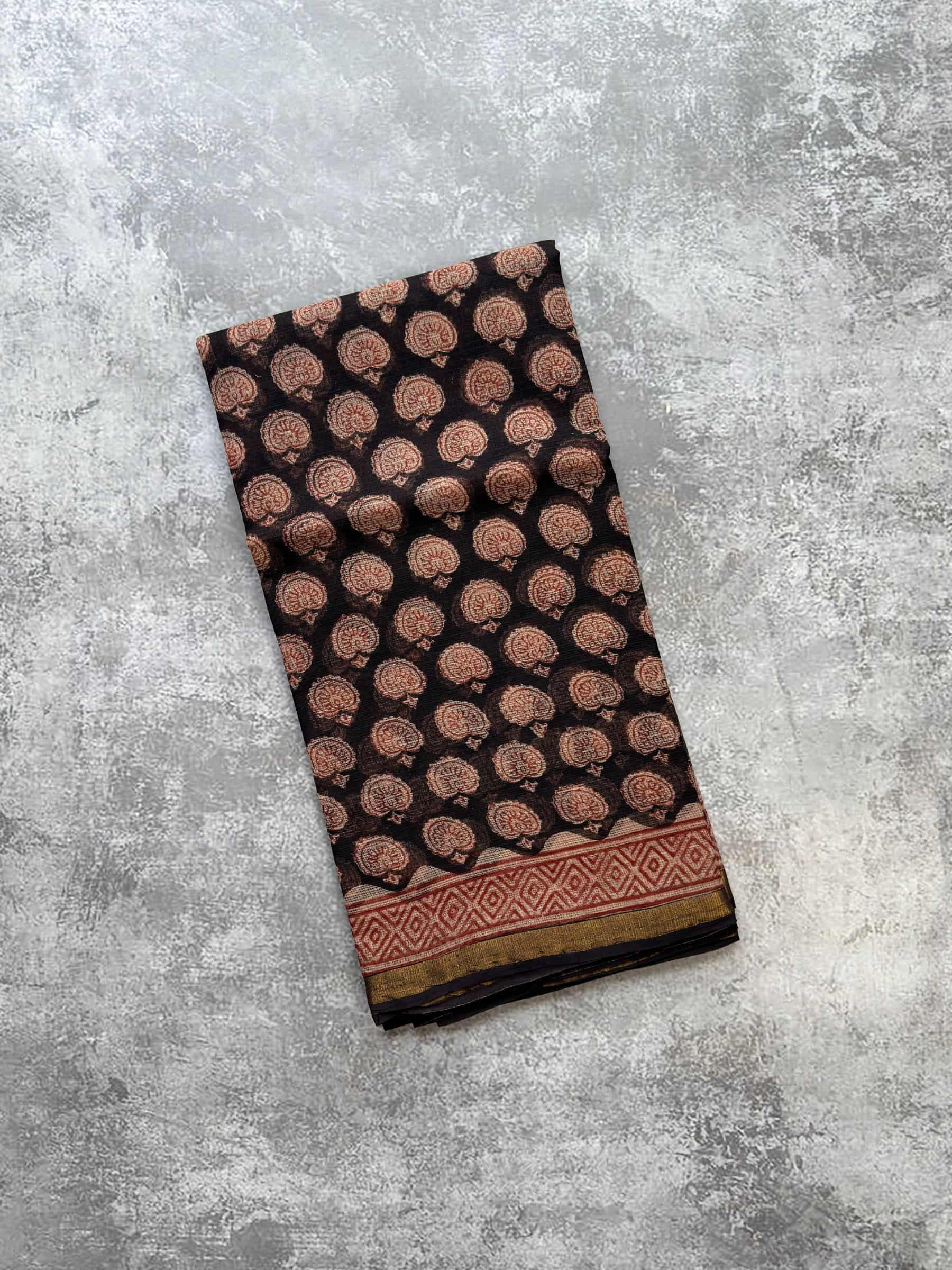 Hand block printed Bagh Kota Doria saree in black with traditional floral buta motifs