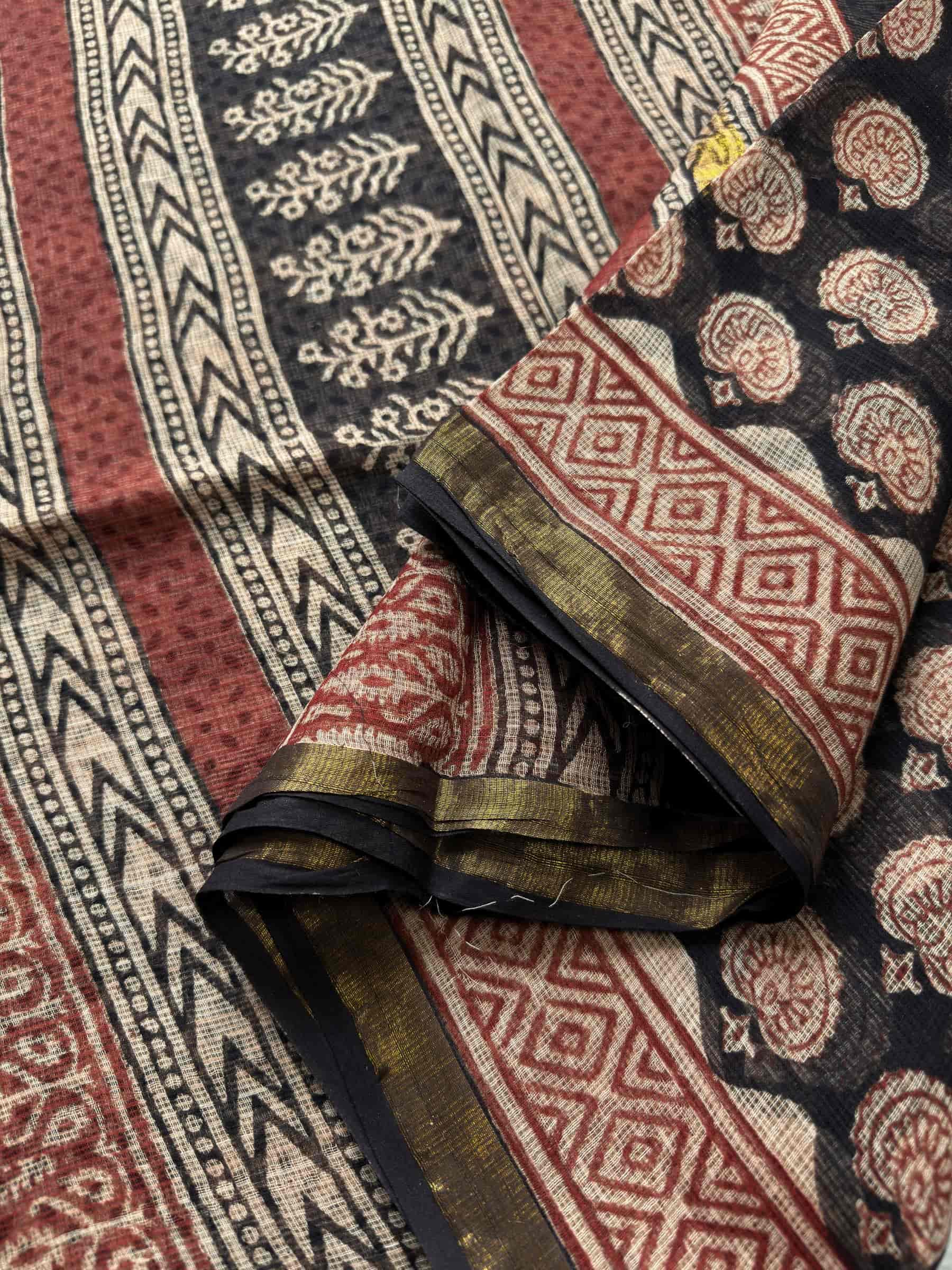 Hand Block Printed Bagh Kota Doria Saree in Black