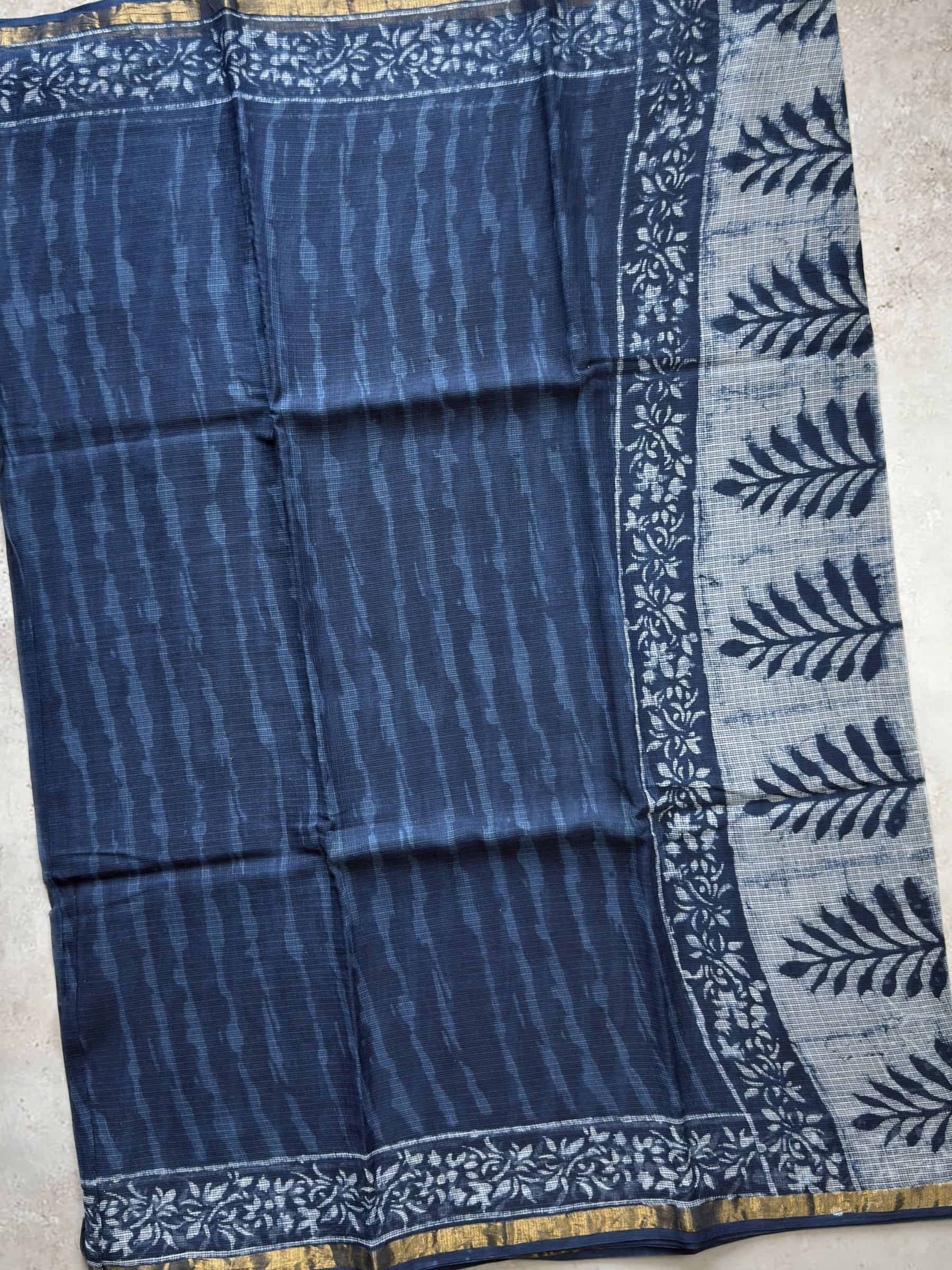 Hand Block Printed Bagru Kota Doria Saree in Indigo Blue