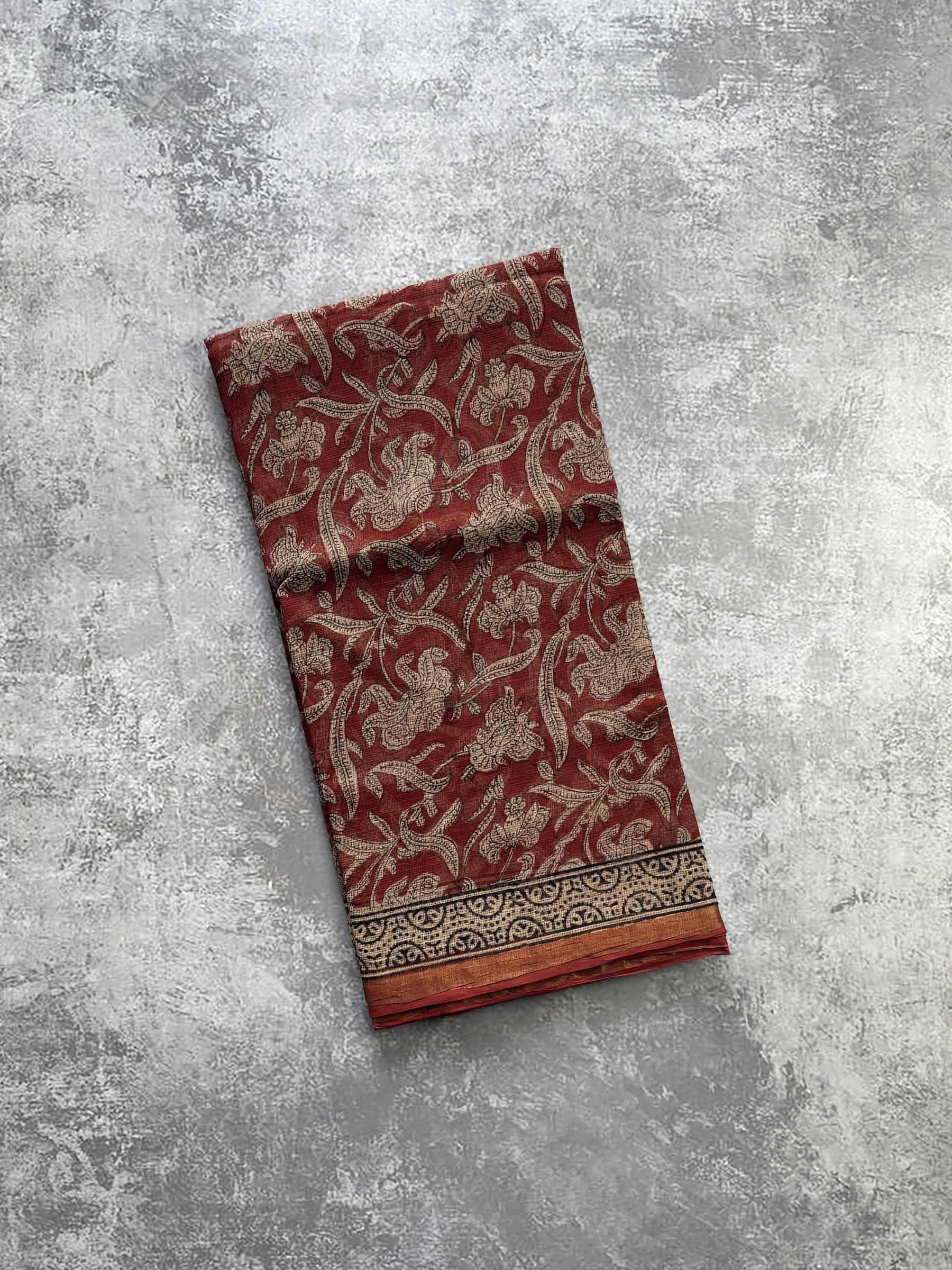 Hand Block Printed Bagru Kota Doria Saree in Rust Maroon