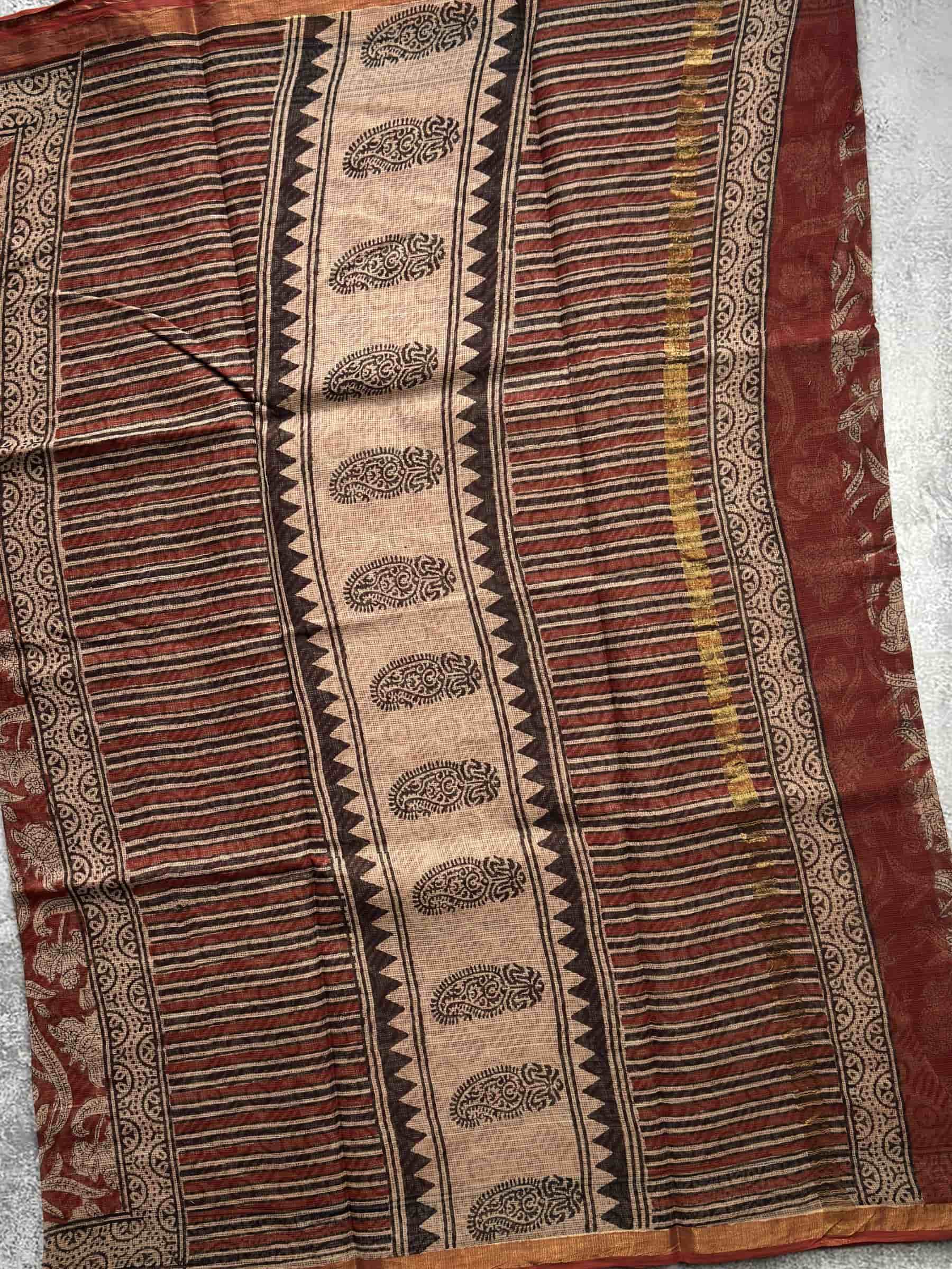 Hand Block Printed Bagru Kota Doria Saree in Rust Maroon