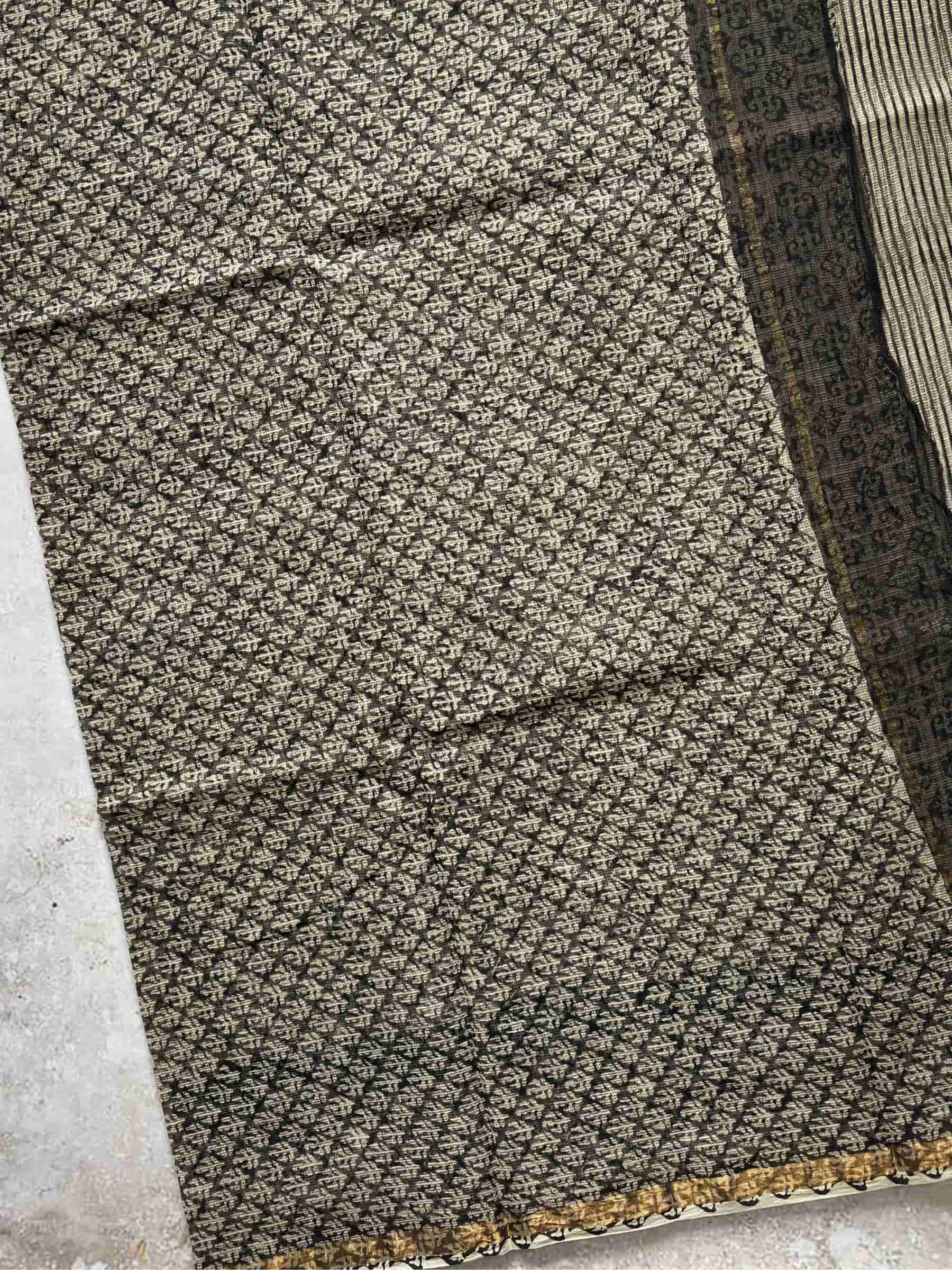 Kota Doria Hand Block Print Saree in Beige & Black