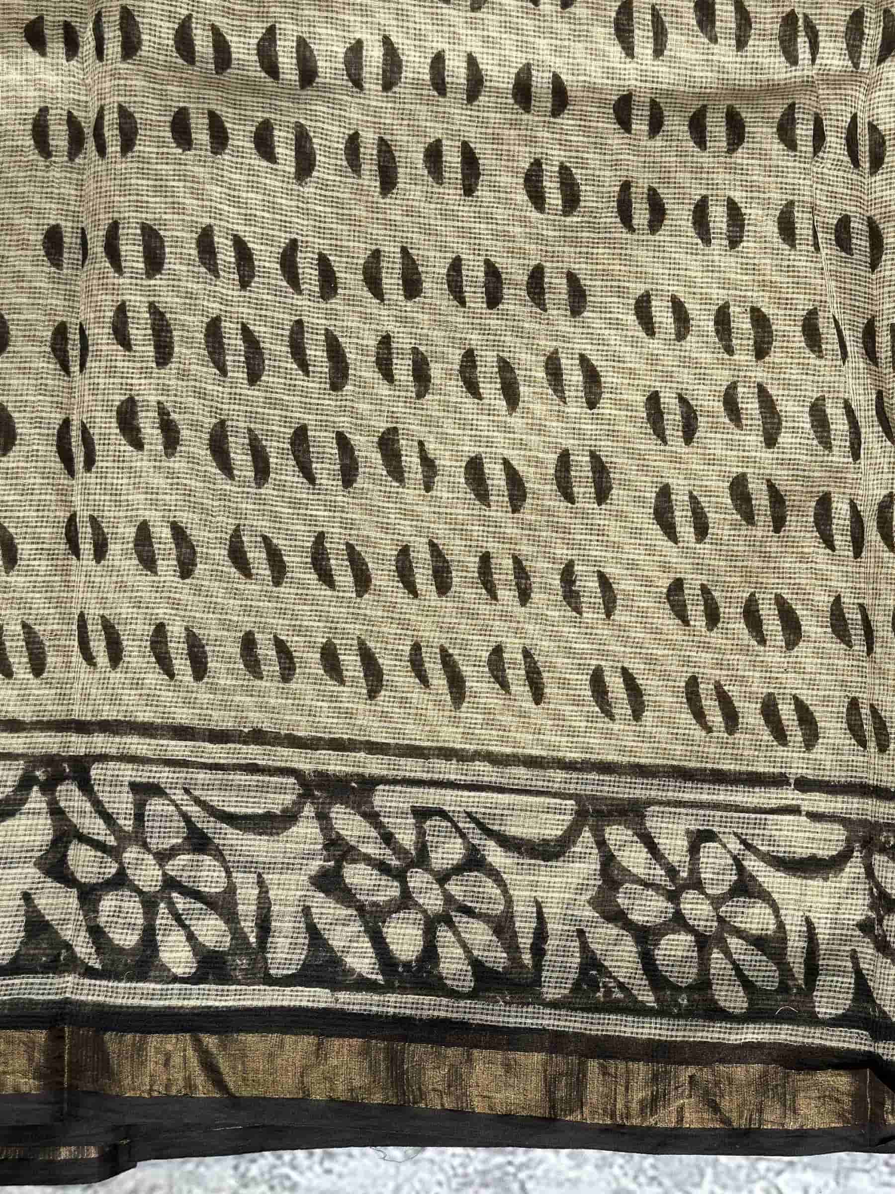 Kota Doria Hand Block Print Saree in Beige & Olive