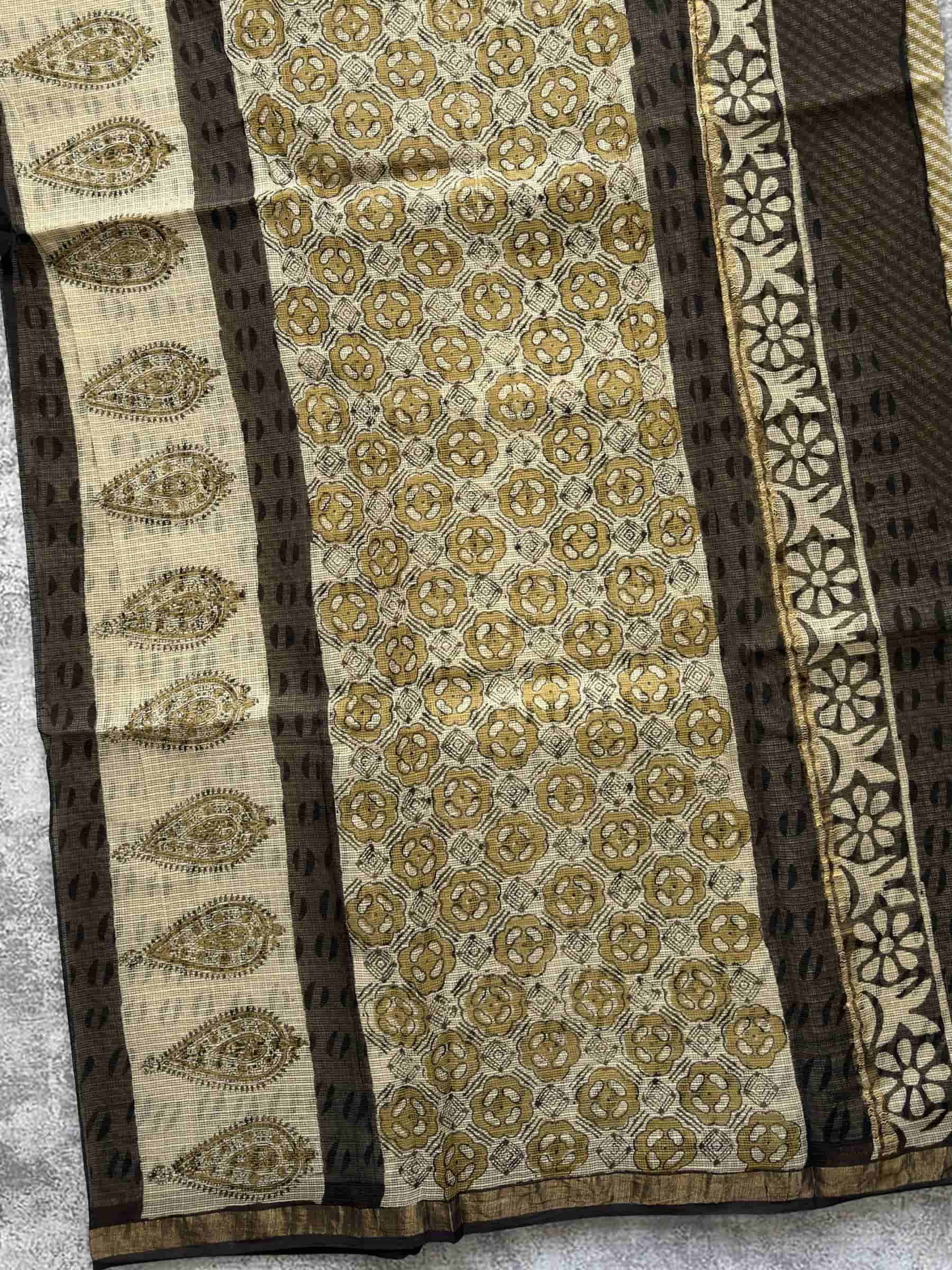 Kota Doria Hand Block Print Saree in Beige & Olive