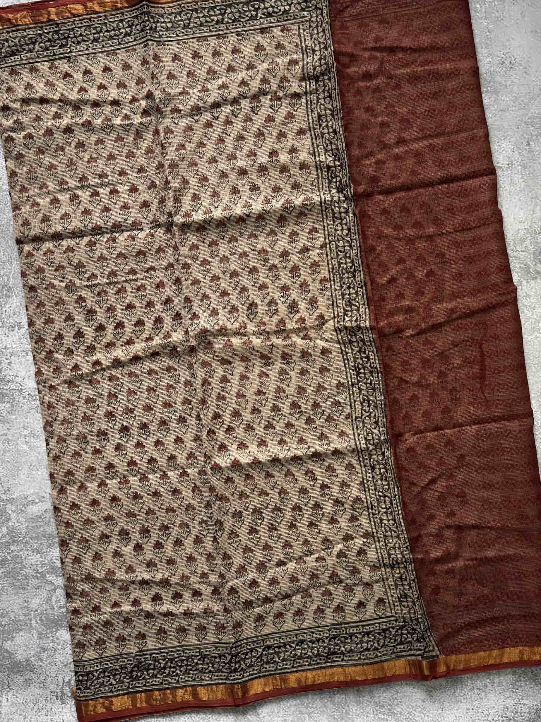 Kota Doria Hand Block Print Saree in Beige & Rust