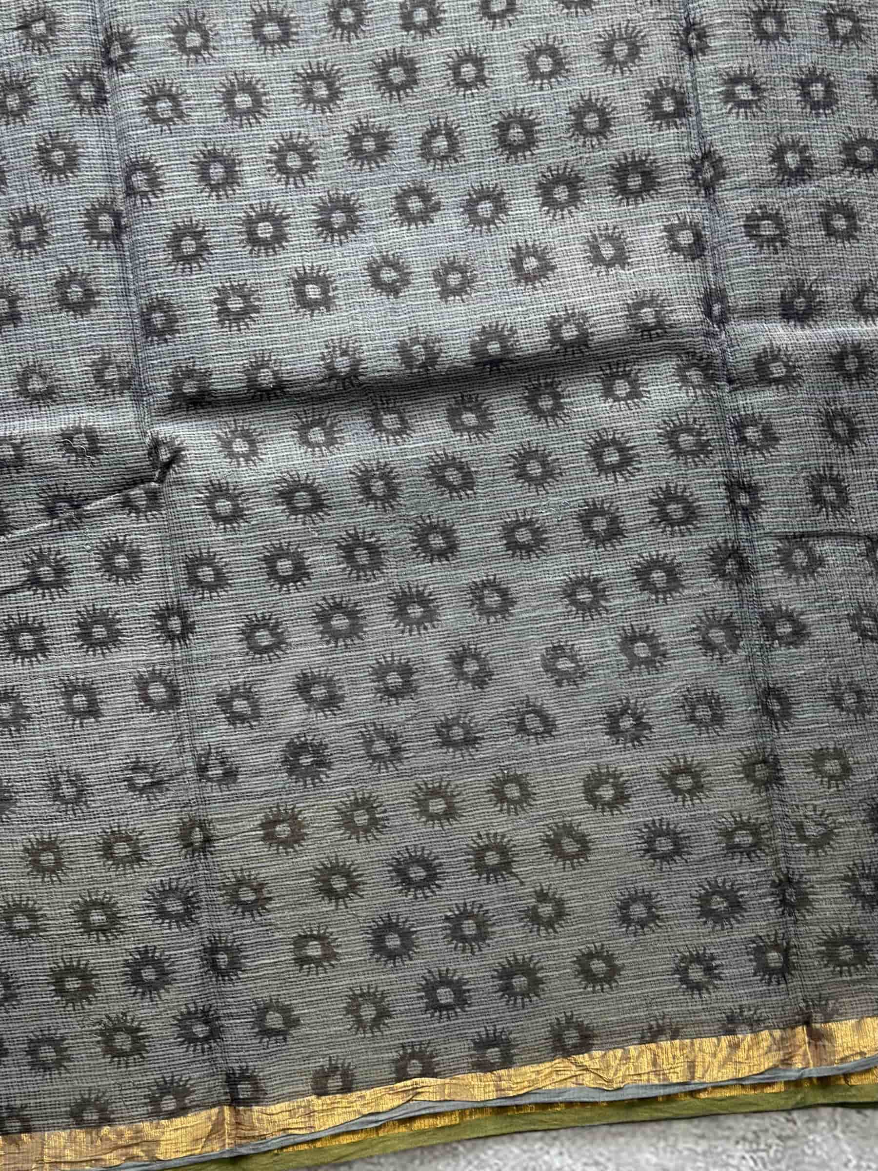 Hand Block Printed Kota Doria Saree in Black & Olive Green