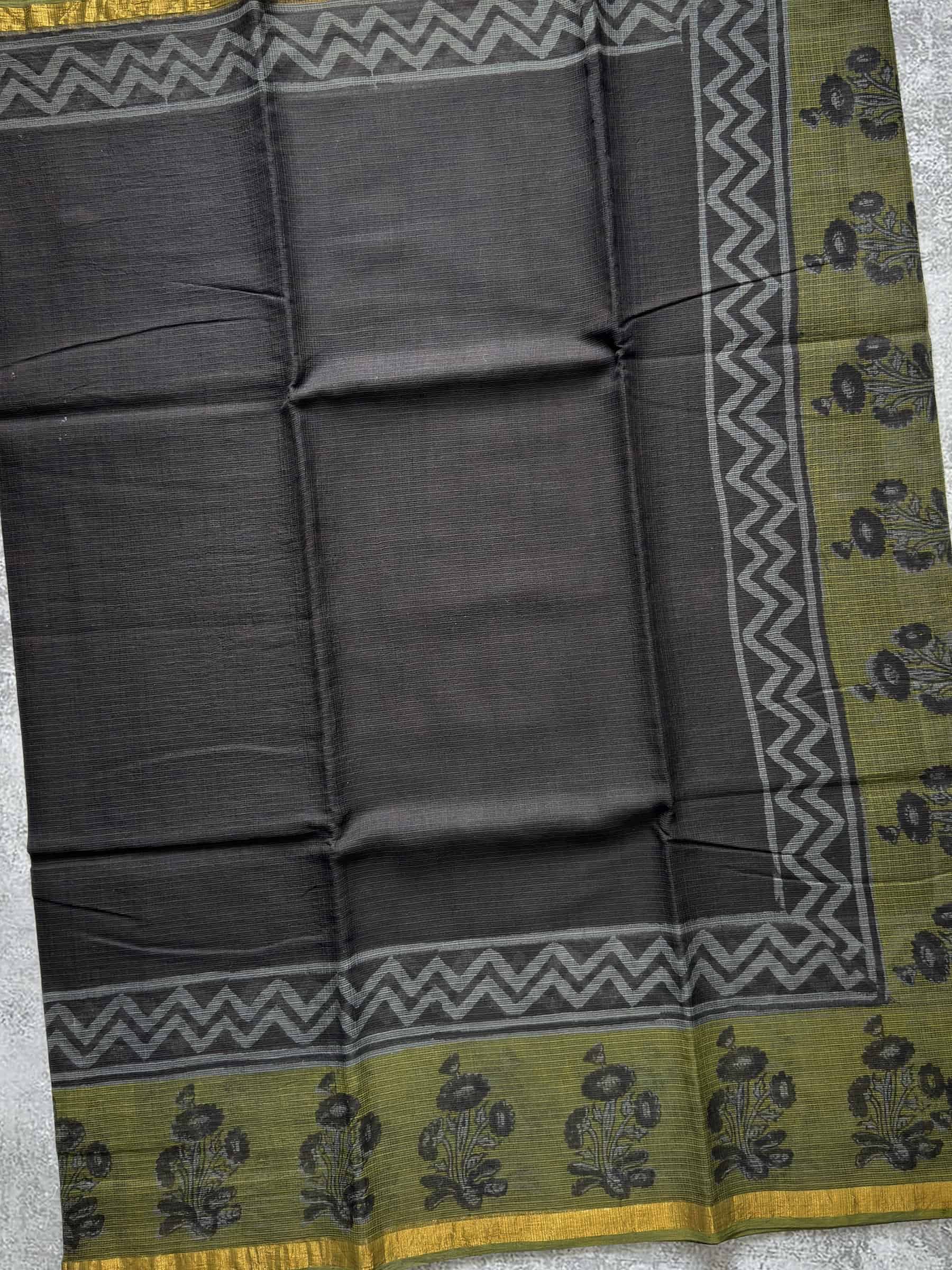 Hand Block Printed Kota Doria Saree in Black & Olive Green