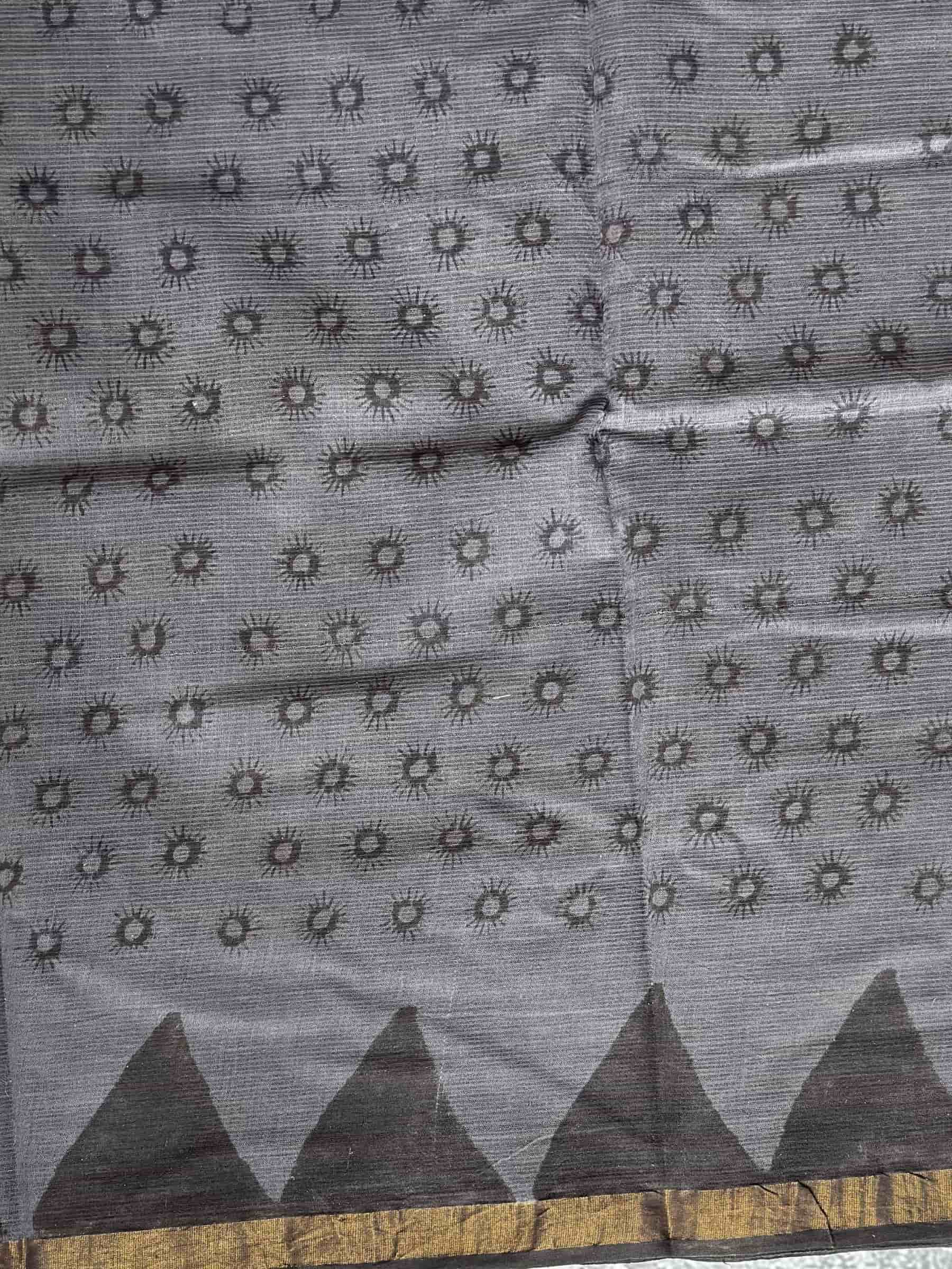 Kota Doria Hand Block Print Saree in Black & Grey