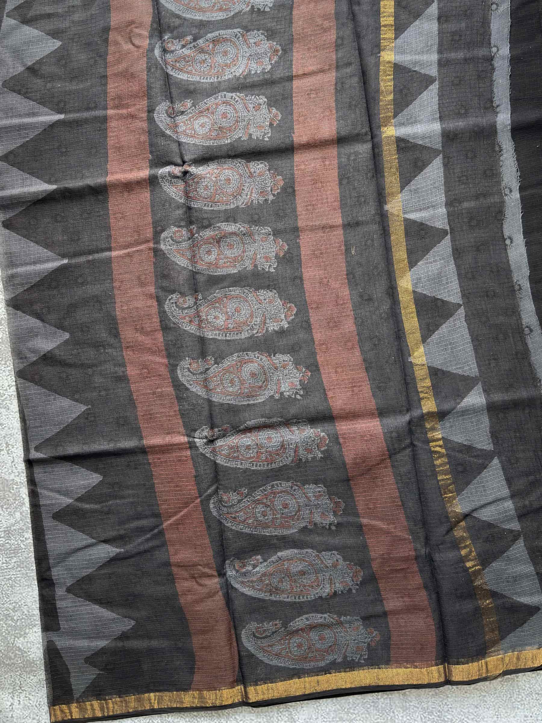 Kota Doria Hand Block Print Saree in Black & Grey