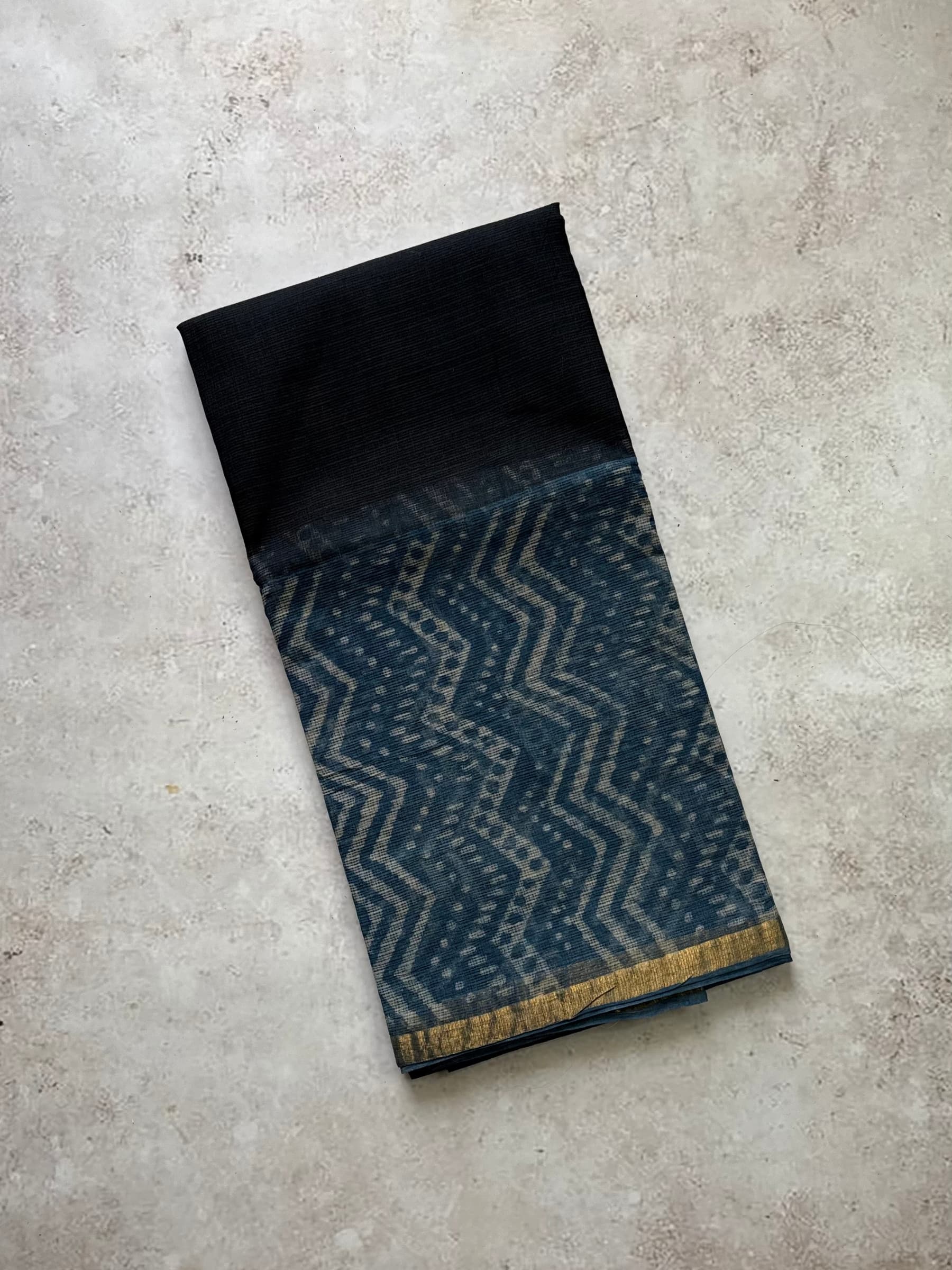 Black Kota Doria saree with indigo block printed pallu