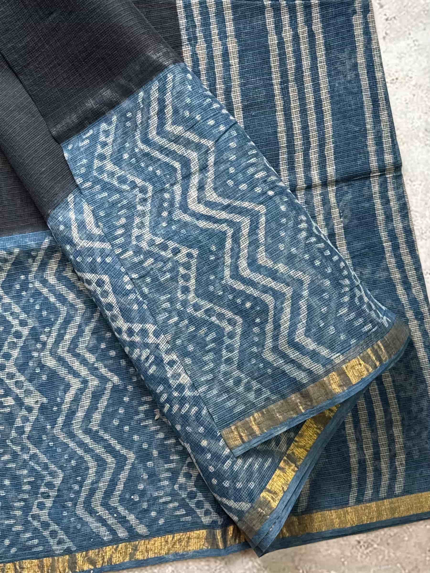 Hand Block Printed Kota Doria Saree in Black & Indigo