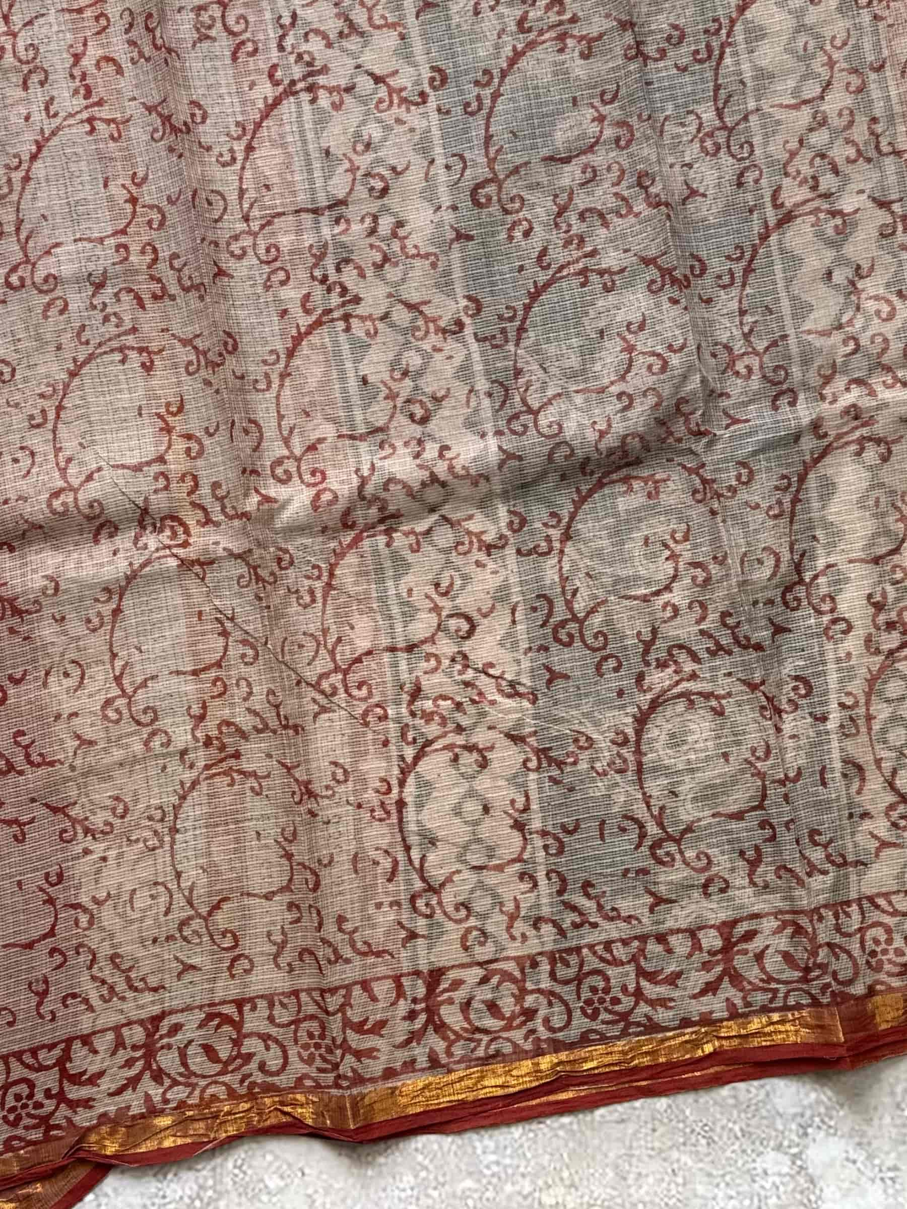 Hand Block Printed Kota Doria Saree in Black & Rust