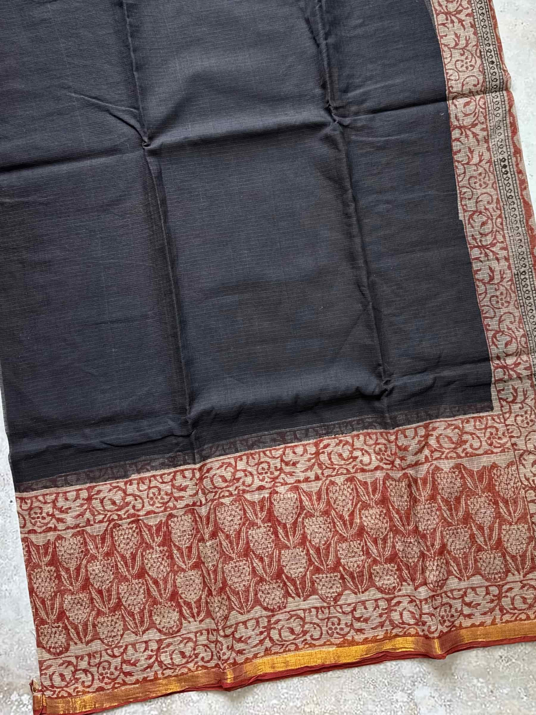 Hand Block Printed Kota Doria Saree in Black & Rust