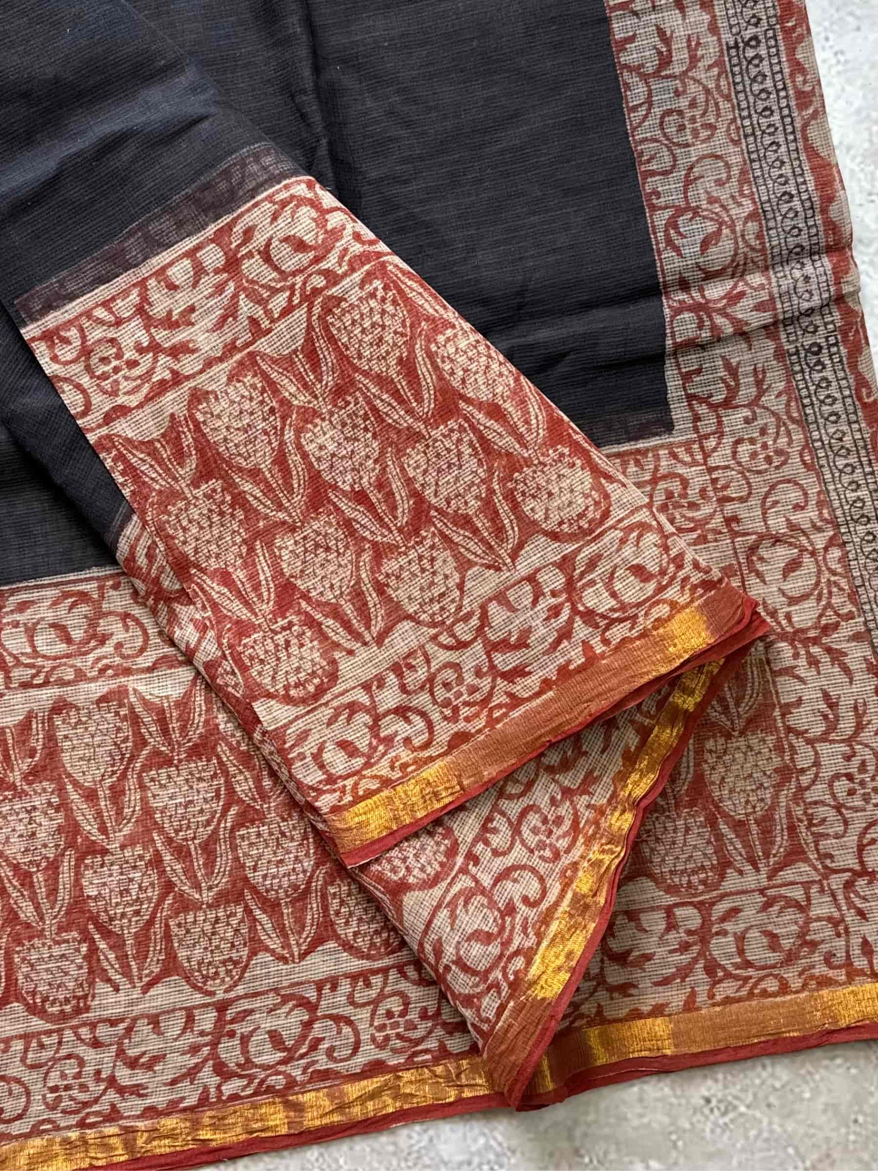 Hand Block Printed Kota Doria Saree in Black & Rust