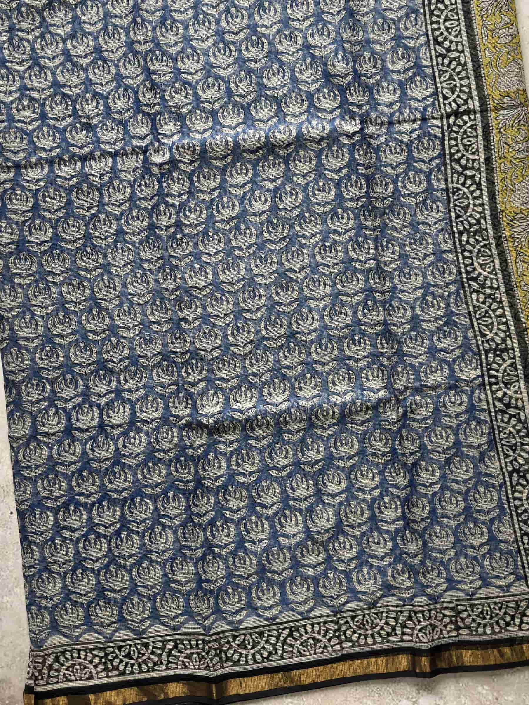 Kota Doria Hand Block Print Saree in Blue Floral