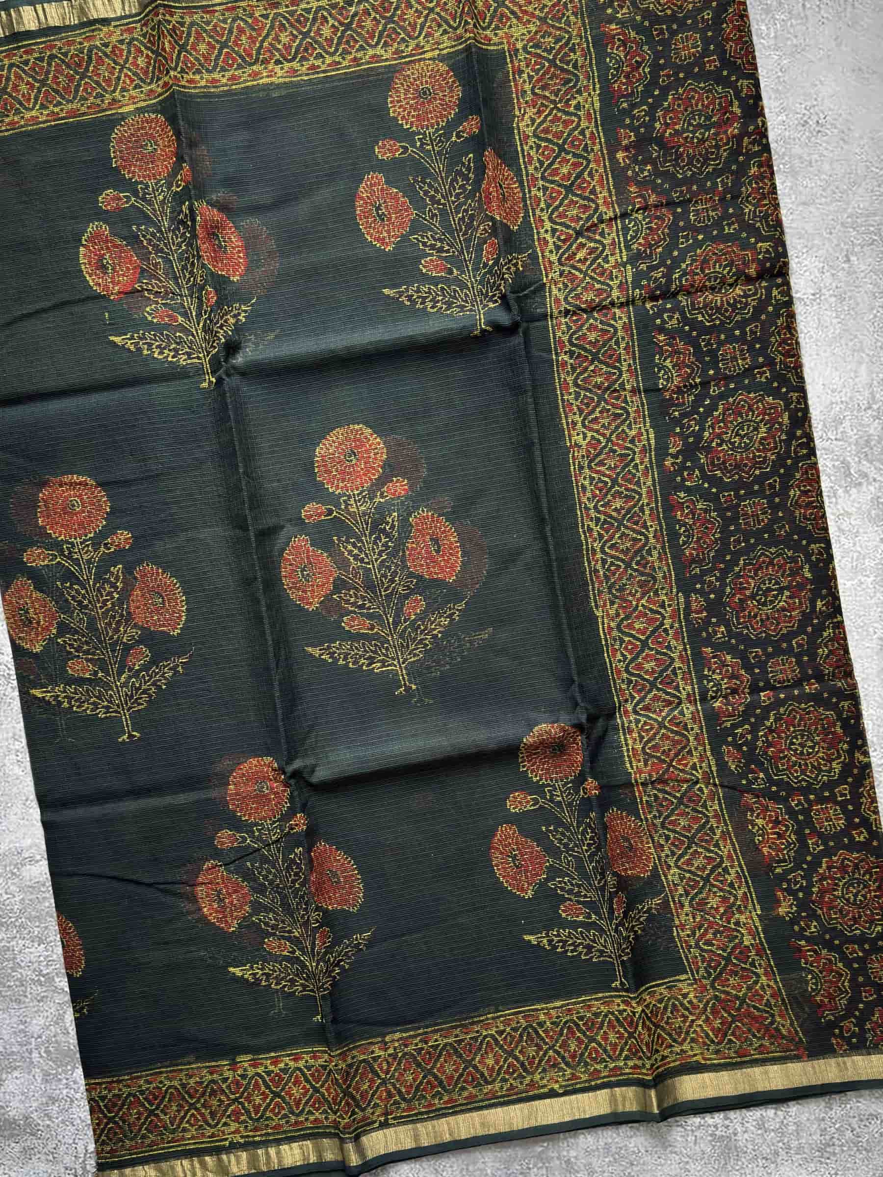 Kota Doria Hand Block Print Saree in Deep Green & Rust