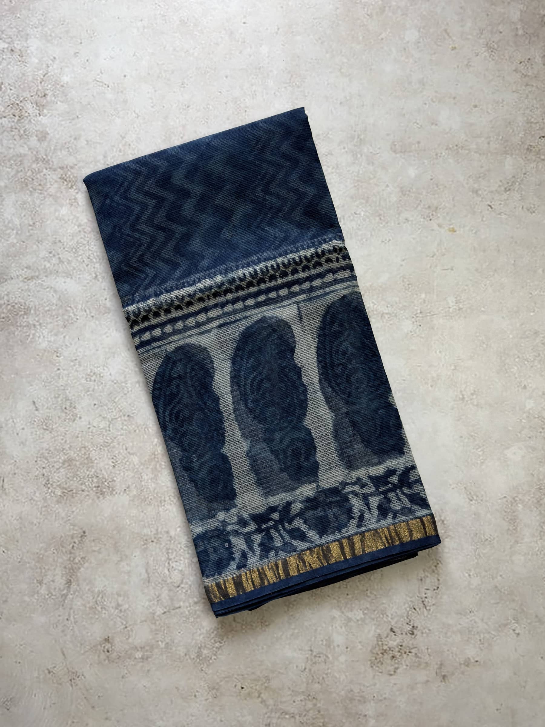 Indigo blue hand block printed Kota Doria saree with paisley pallu