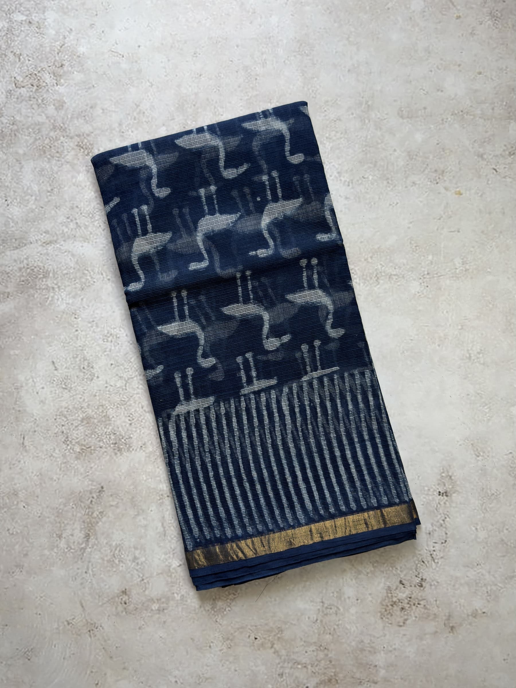 Indigo blue hand block printed Kota Doria saree with crane motifs