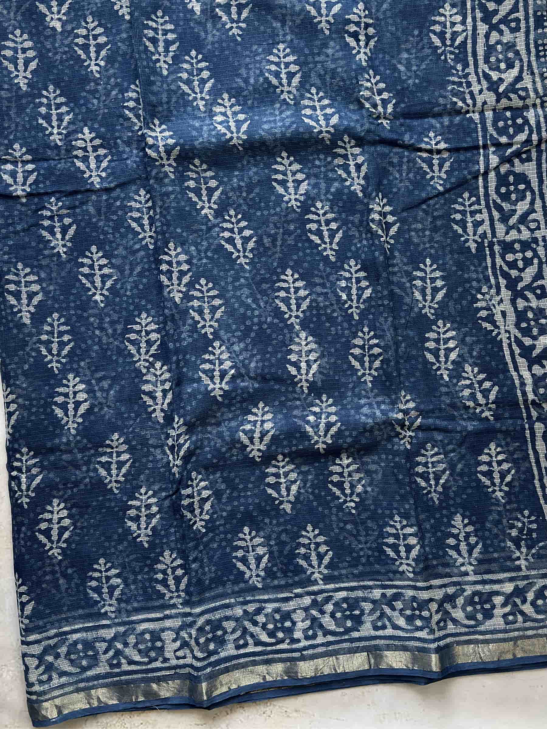 Hand Block Printed Kota Doria Saree in Indigo Blue