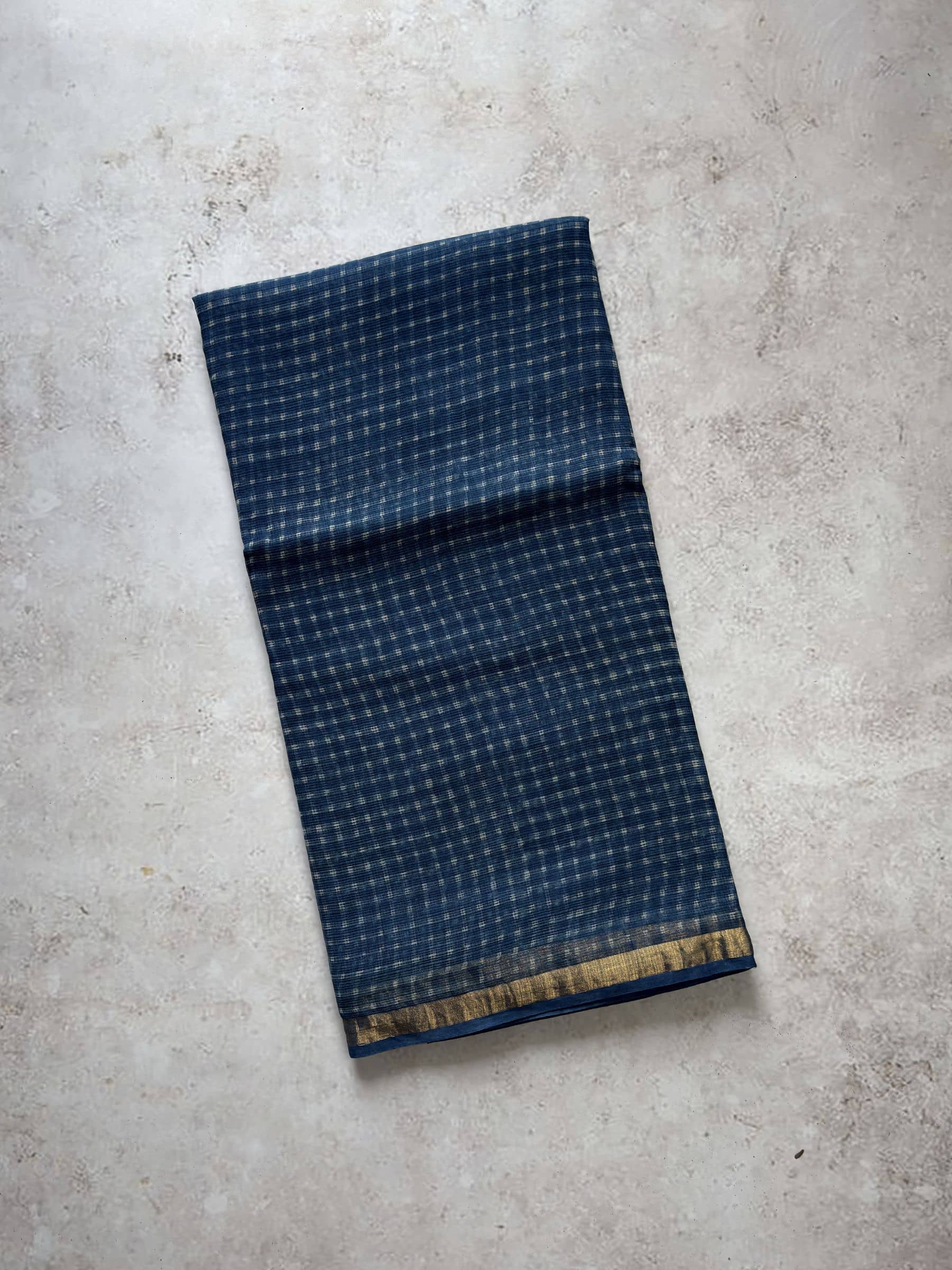 Kota Doria Hand Block Print Saree in Indigo Blue